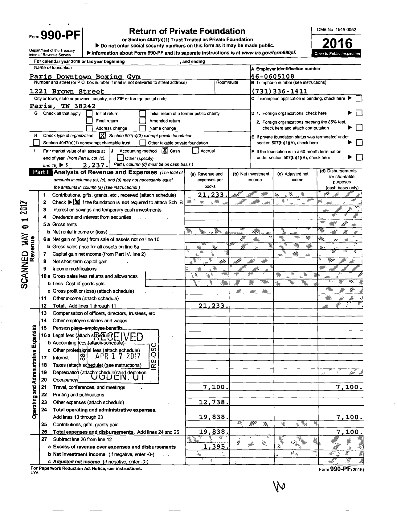 Image of first page of 2016 Form 990PF for Paris Downtown Boxing Gym