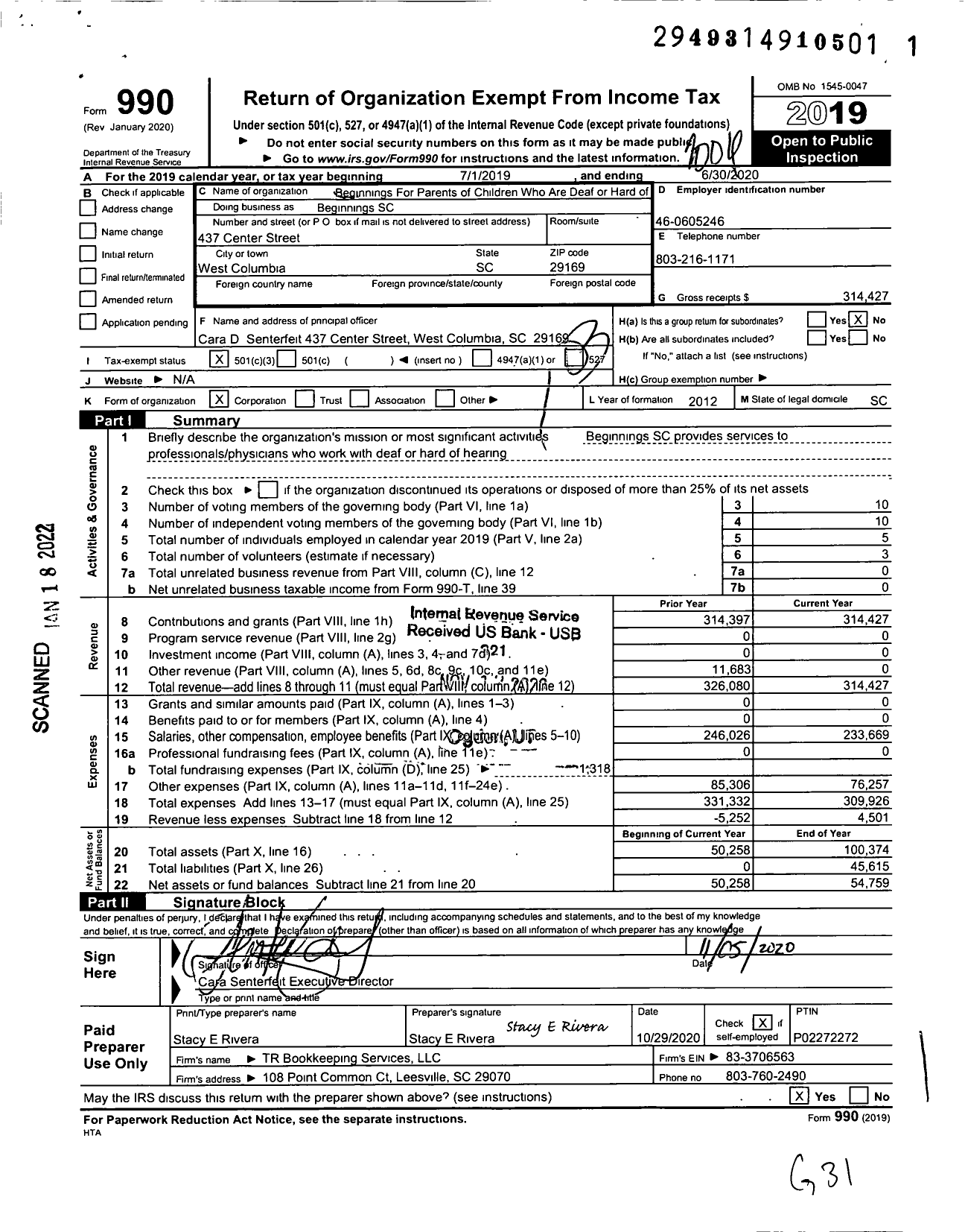 Image of first page of 2019 Form 990 for Beginnings SC