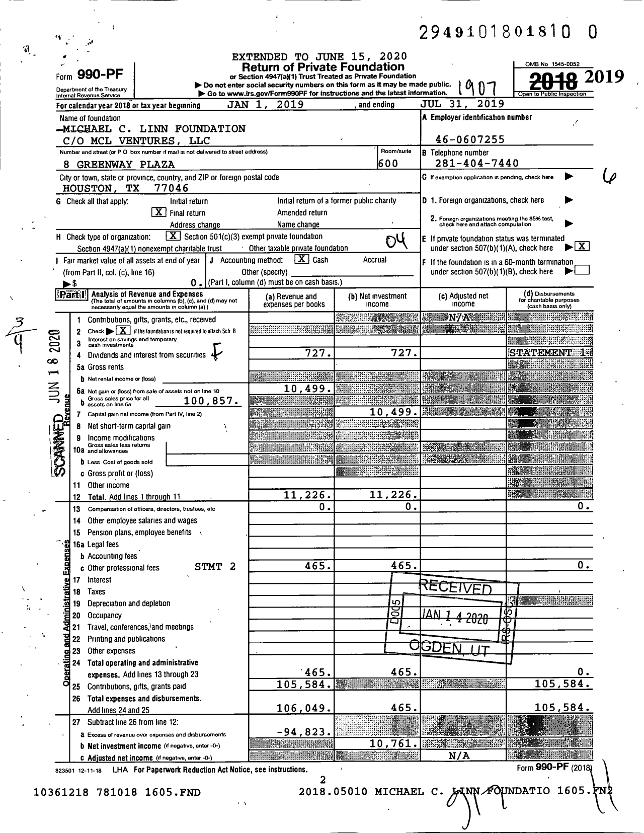 Image of first page of 2018 Form 990PR for Michael C Linn Foundation