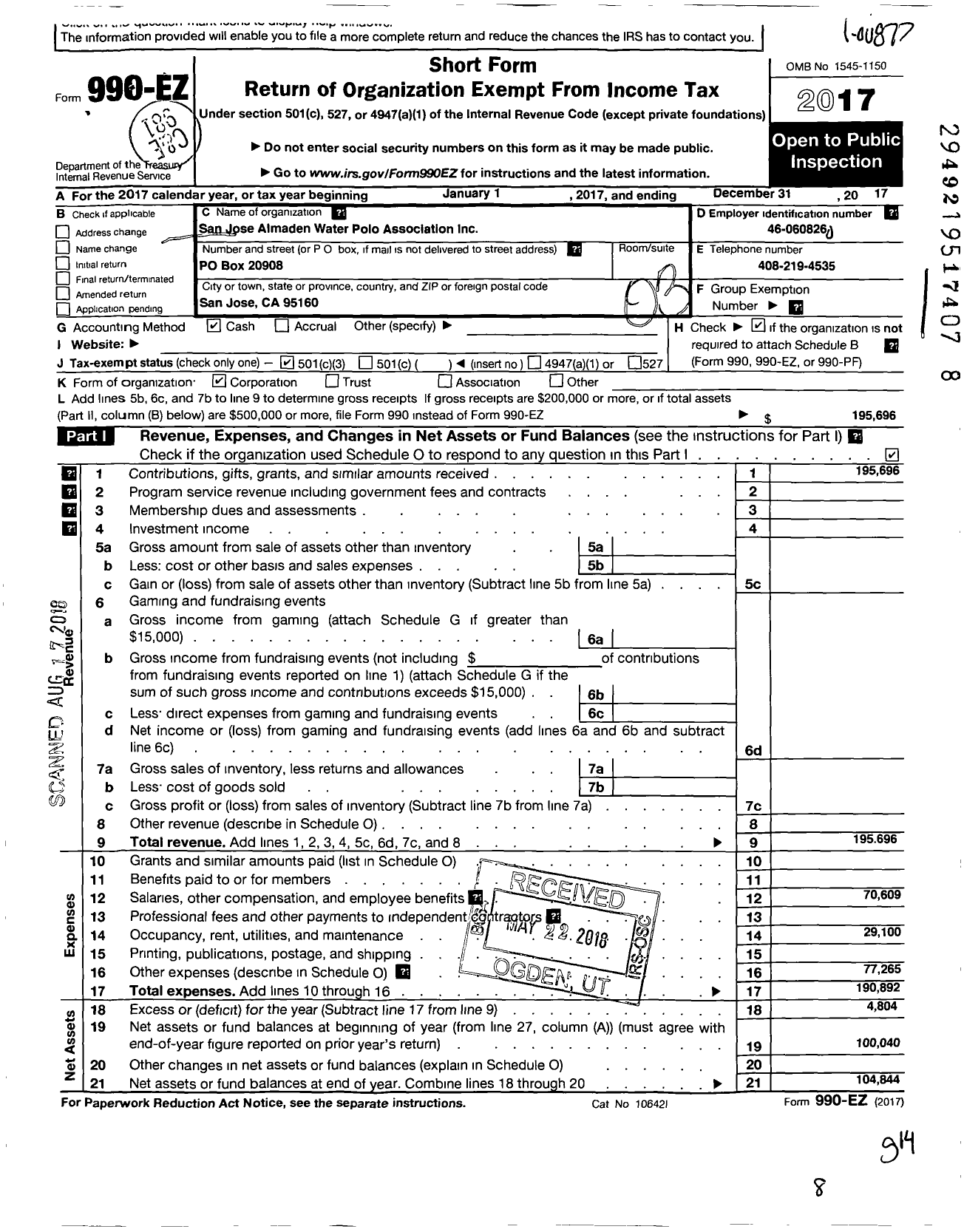 Image of first page of 2017 Form 990EZ for San Jose Almaden Water Polo Association