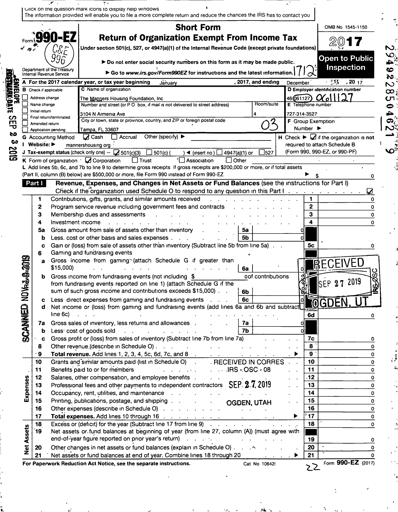 Image of first page of 2017 Form 990EZ for Manners Housing Foundation