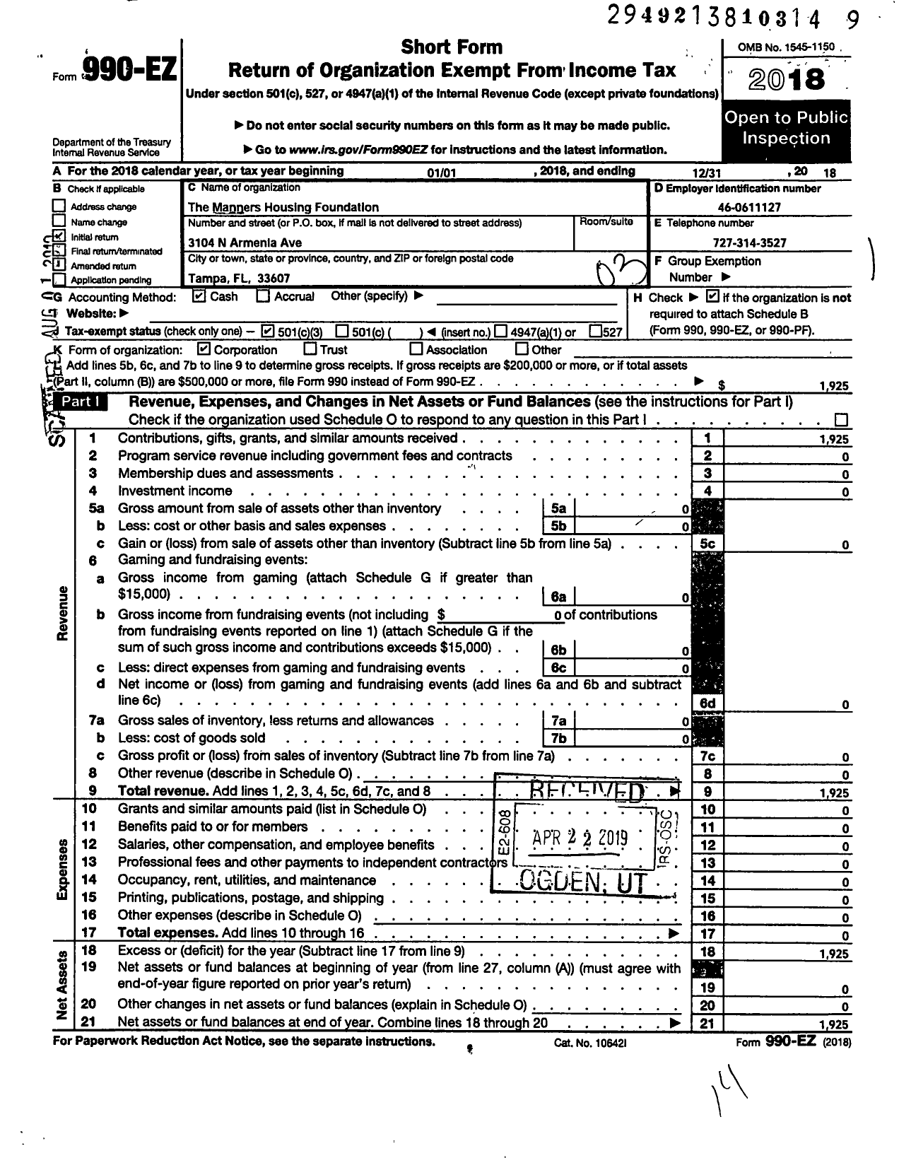 Image of first page of 2018 Form 990EZ for Manners Housing Foundation