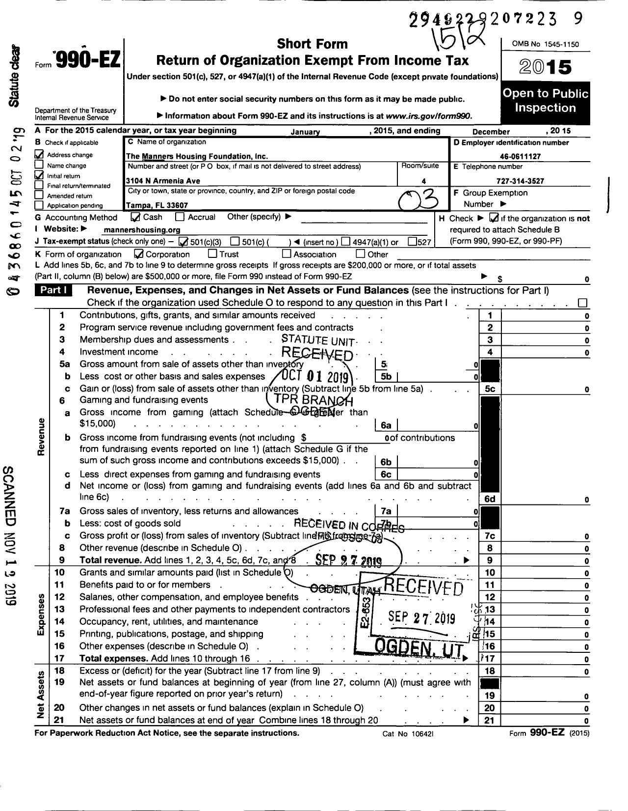 Image of first page of 2015 Form 990EZ for Manners Housing Foundation