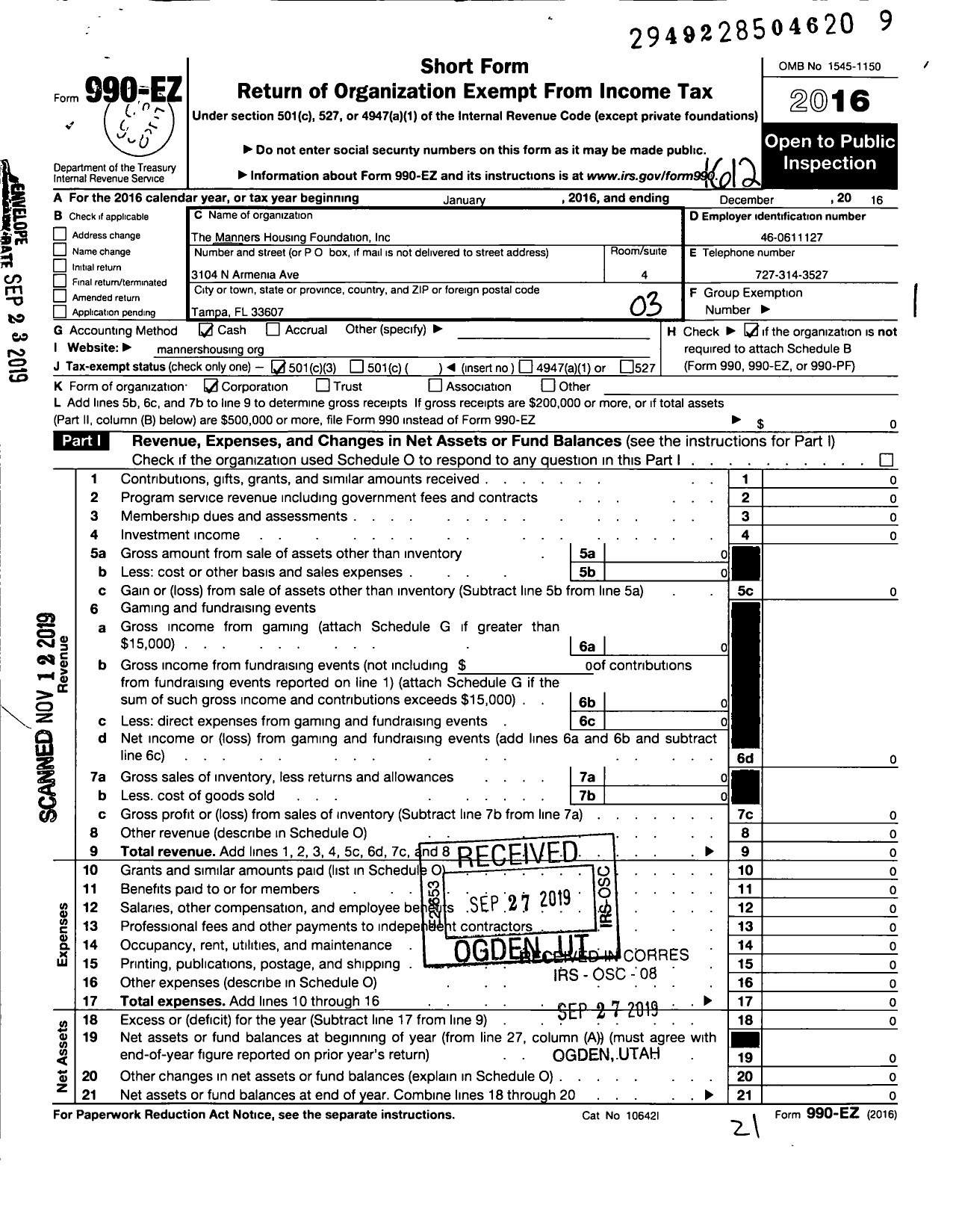 Image of first page of 2016 Form 990EZ for Manners Housing Foundation