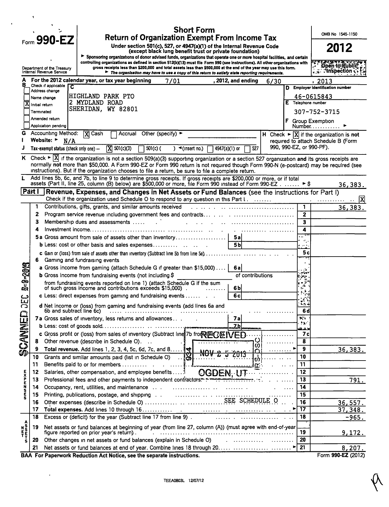 Image of first page of 2012 Form 990EZ for Highland Park Pto