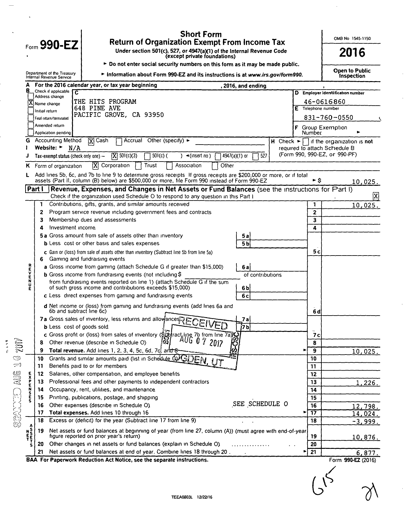 Image of first page of 2016 Form 990EZ for The Hits Program