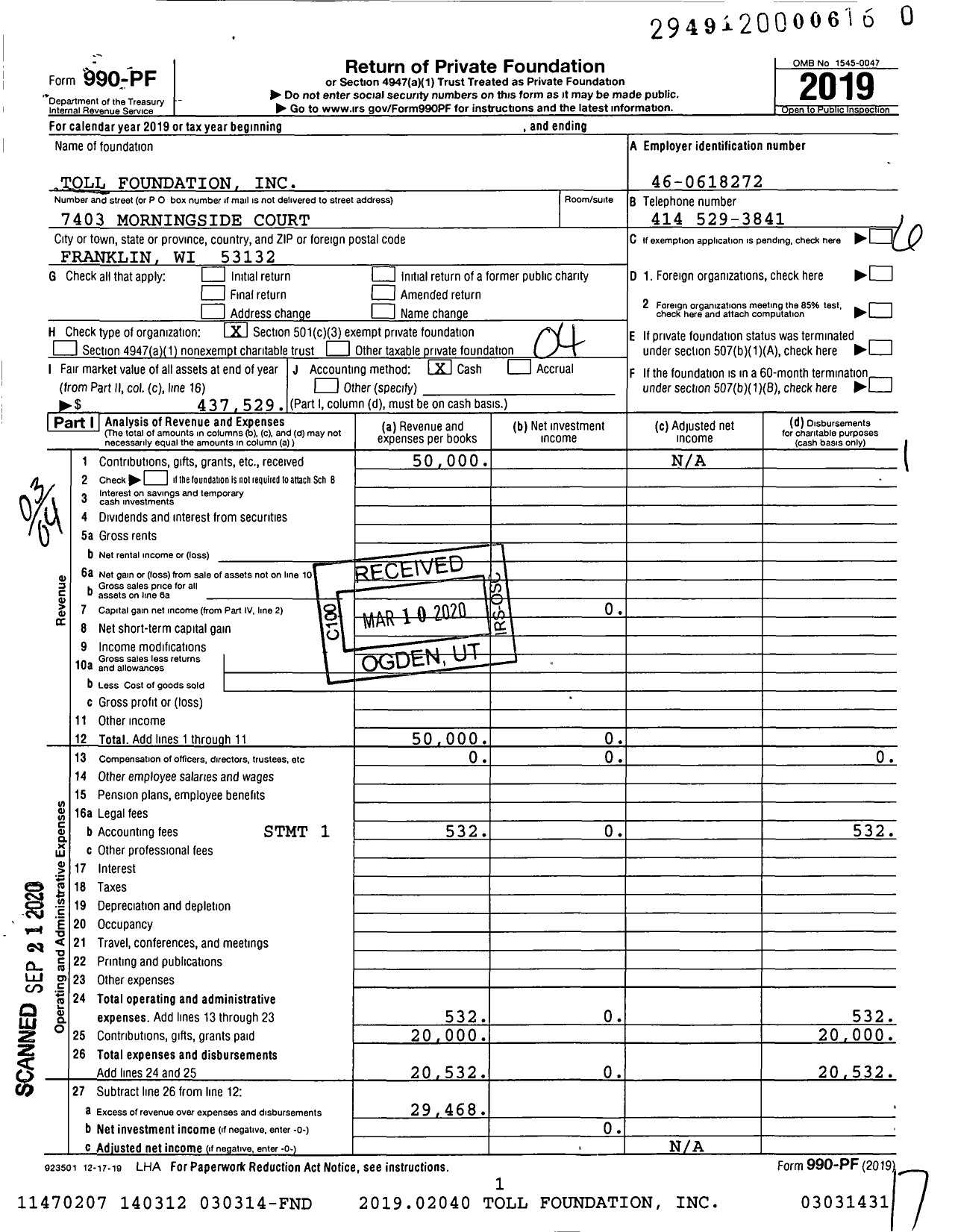 Image of first page of 2019 Form 990PR for Toll Foundation