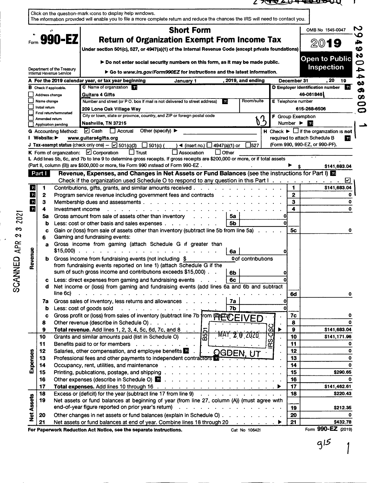 Image of first page of 2019 Form 990EZ for Guitars 4 Gifts