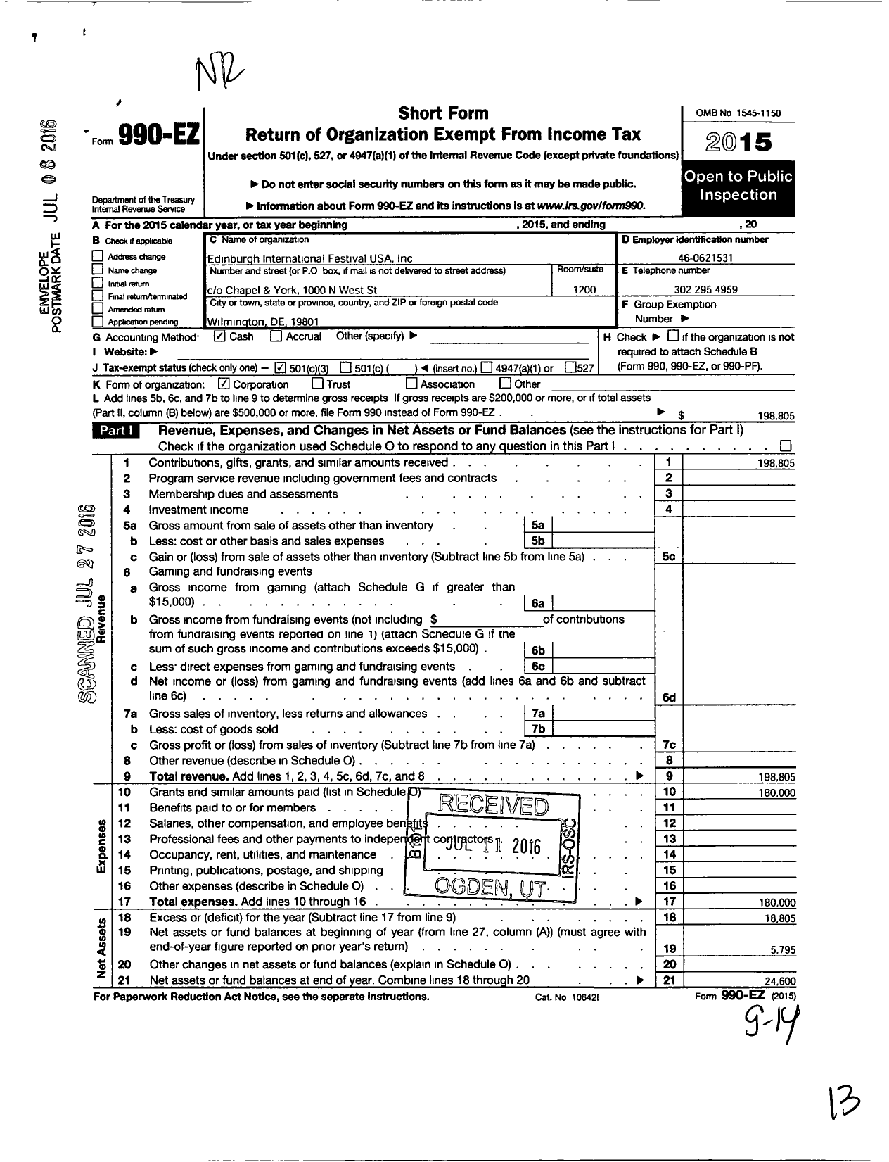 Image of first page of 2015 Form 990EZ for Edinburgh International Festival USA