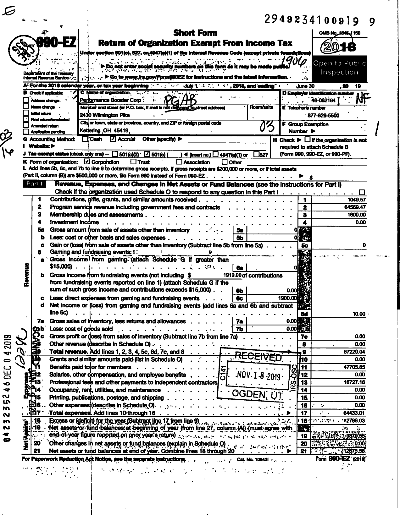 Image of first page of 2018 Form 990EZ for Pga Boosters Corporation