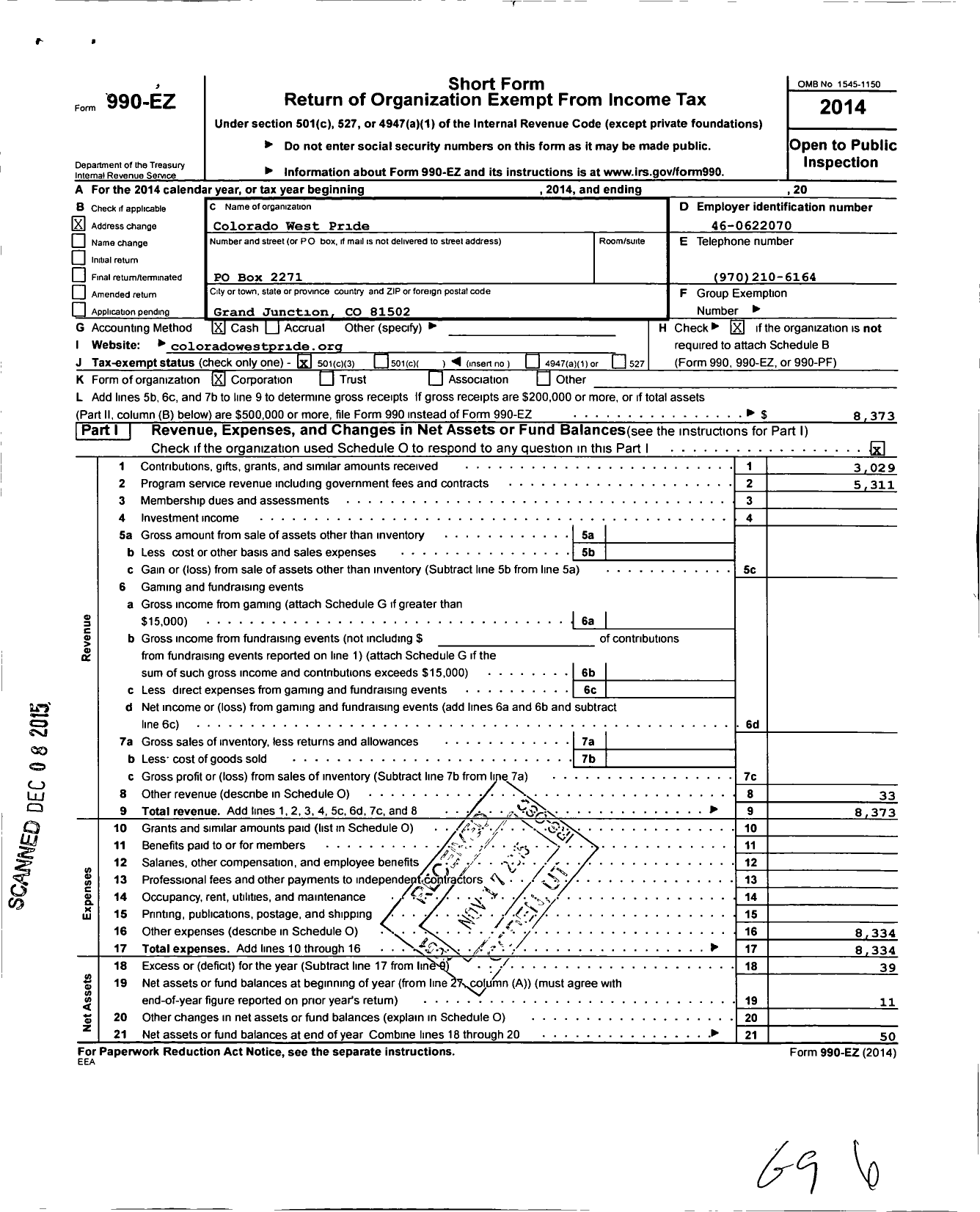 Image of first page of 2014 Form 990EZ for Colorado West Pride