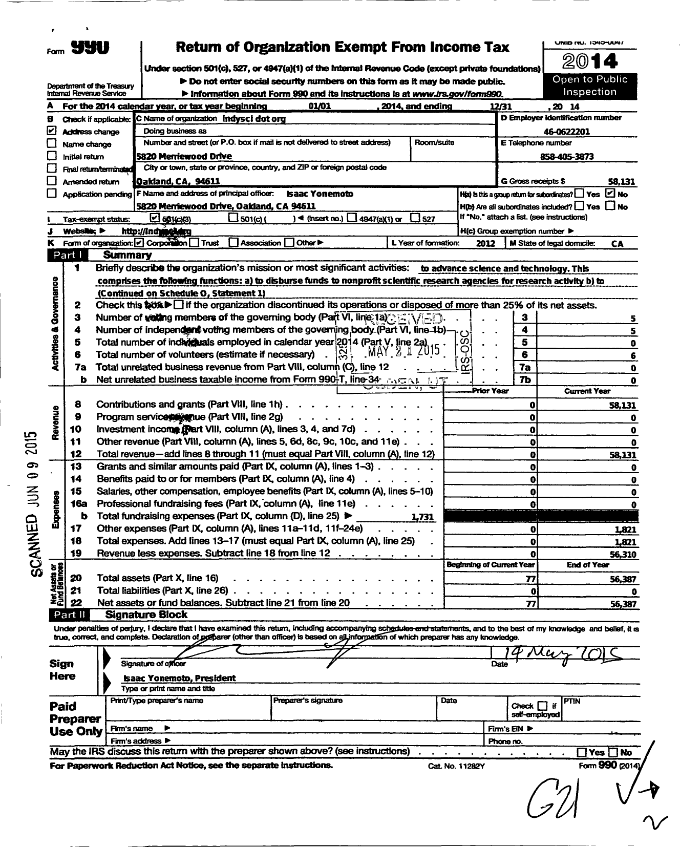 Image of first page of 2014 Form 990 for Indysci Dot Org