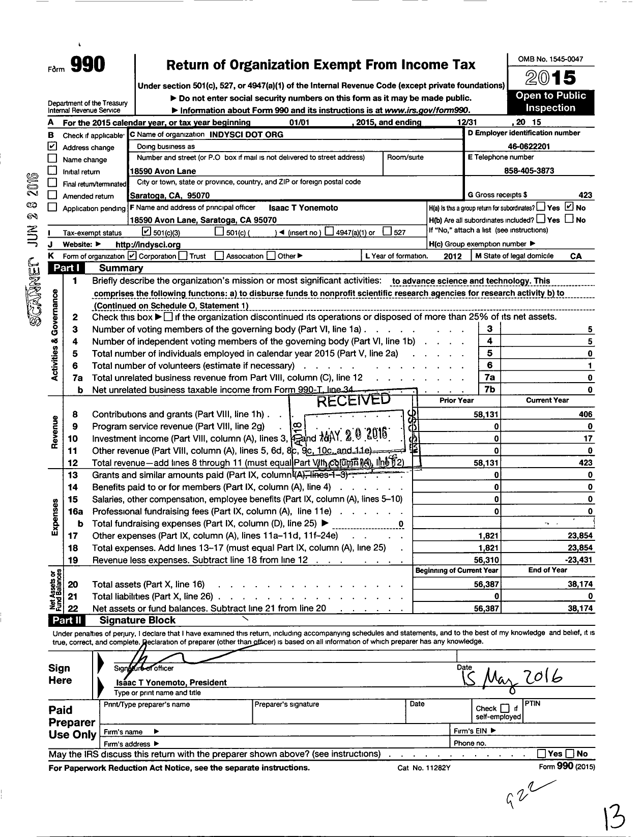 Image of first page of 2015 Form 990 for Indysci Dot Org