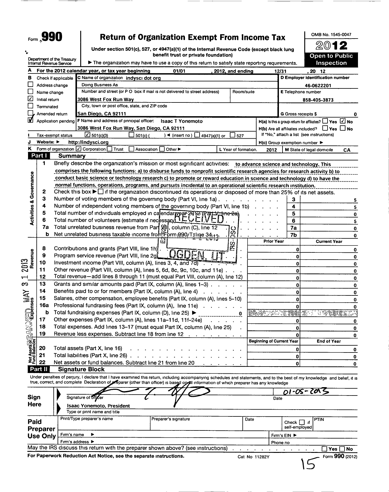 Image of first page of 2012 Form 990 for Indysci Dot Org