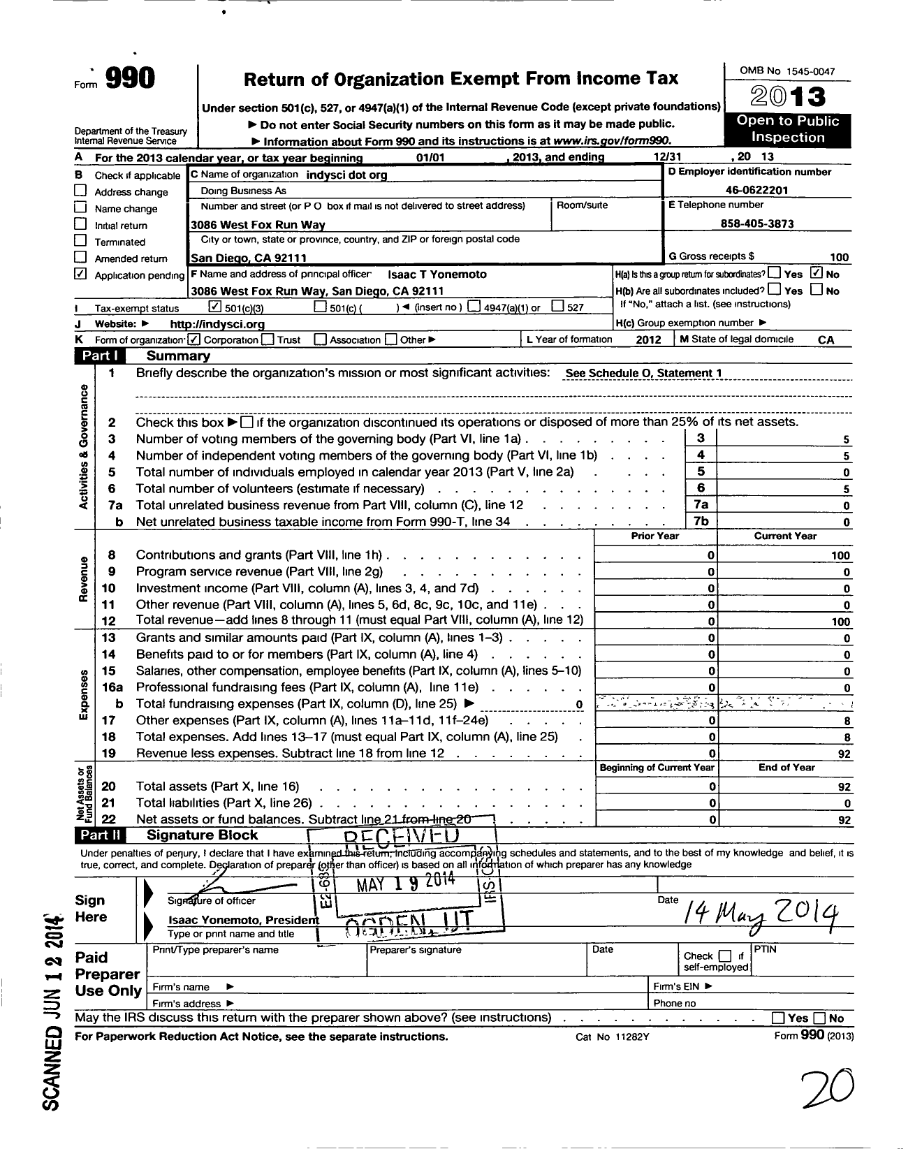 Image of first page of 2013 Form 990 for Indysci Dot Org