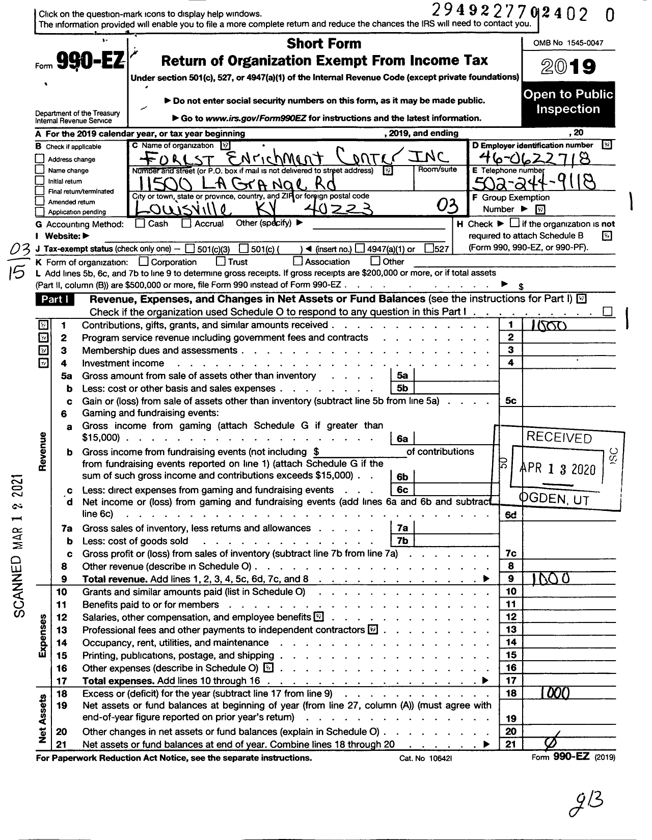 Image of first page of 2019 Form 990EZ for Forest Enrichment Center