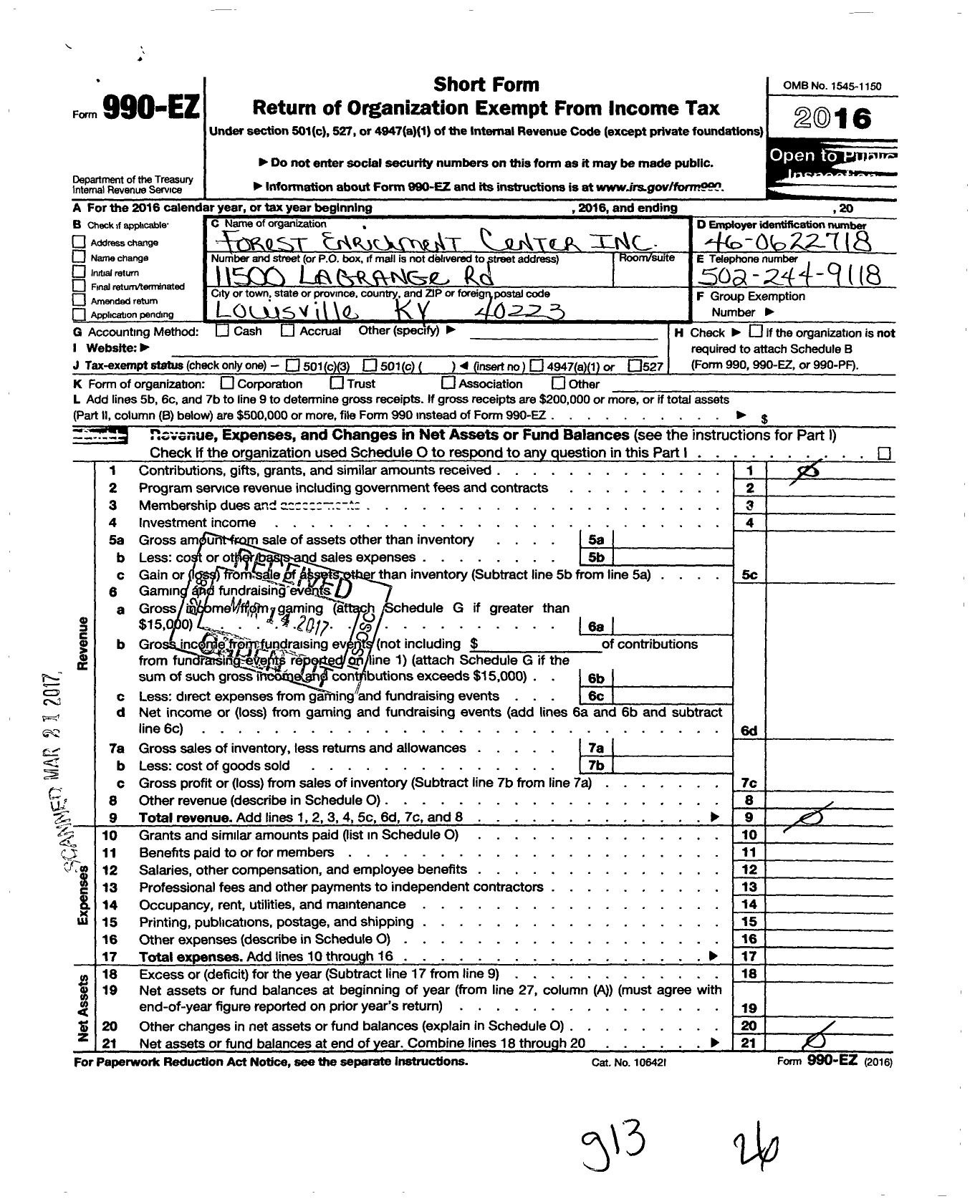 Image of first page of 2016 Form 990EO for Forest Enrichment Center