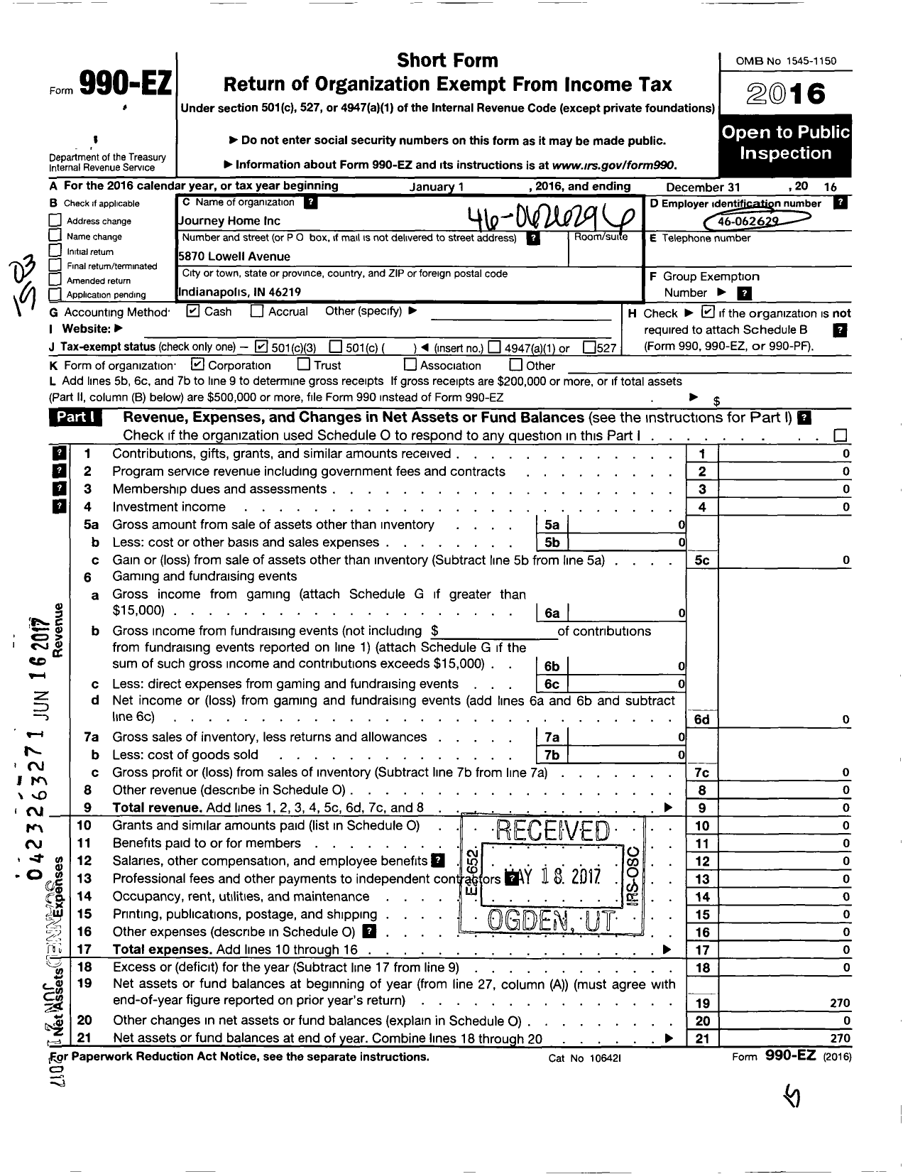 Image of first page of 2016 Form 990EZ for Journey Home