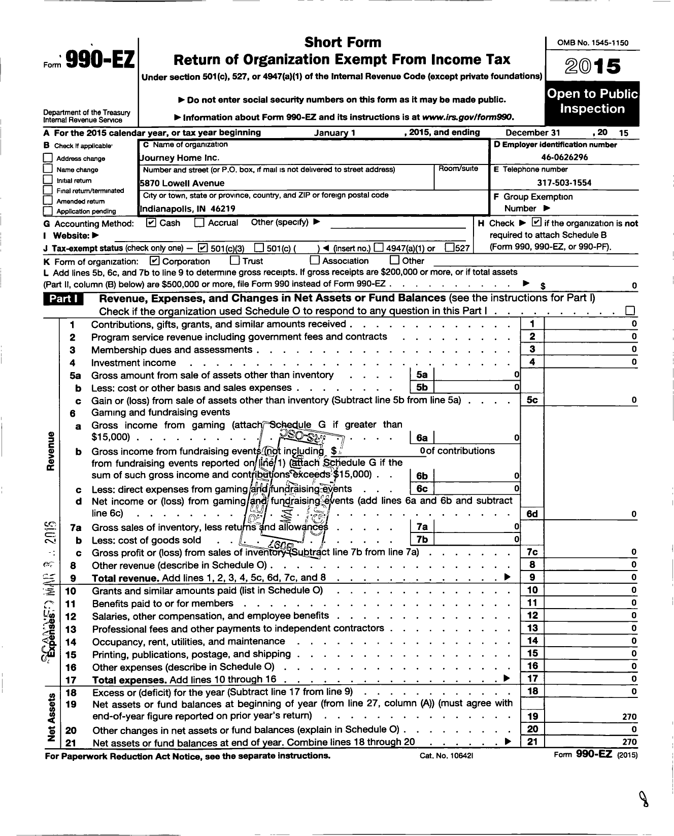 Image of first page of 2015 Form 990EZ for Journey Home