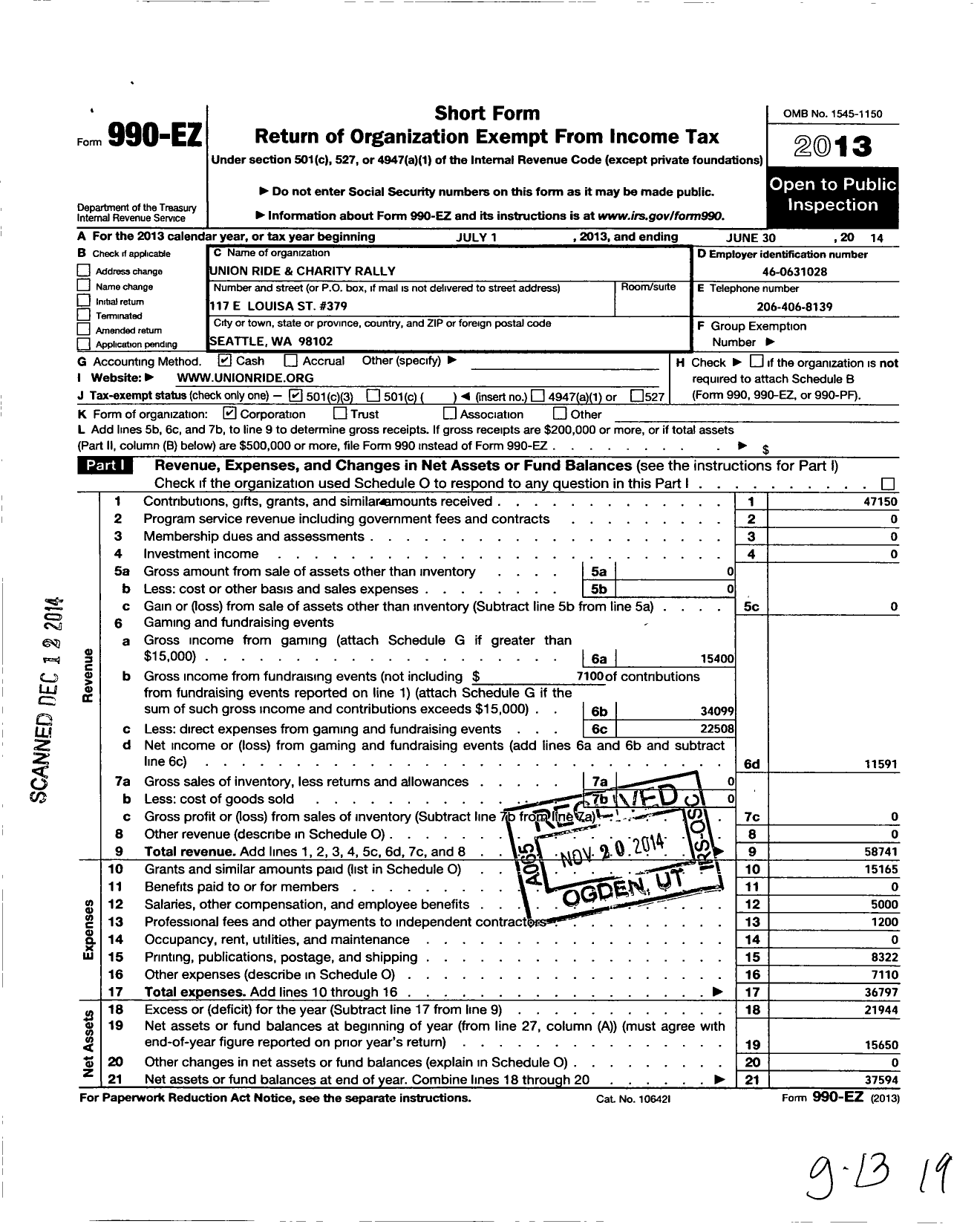 Image of first page of 2013 Form 990EZ for Union Ride and Charity Rally