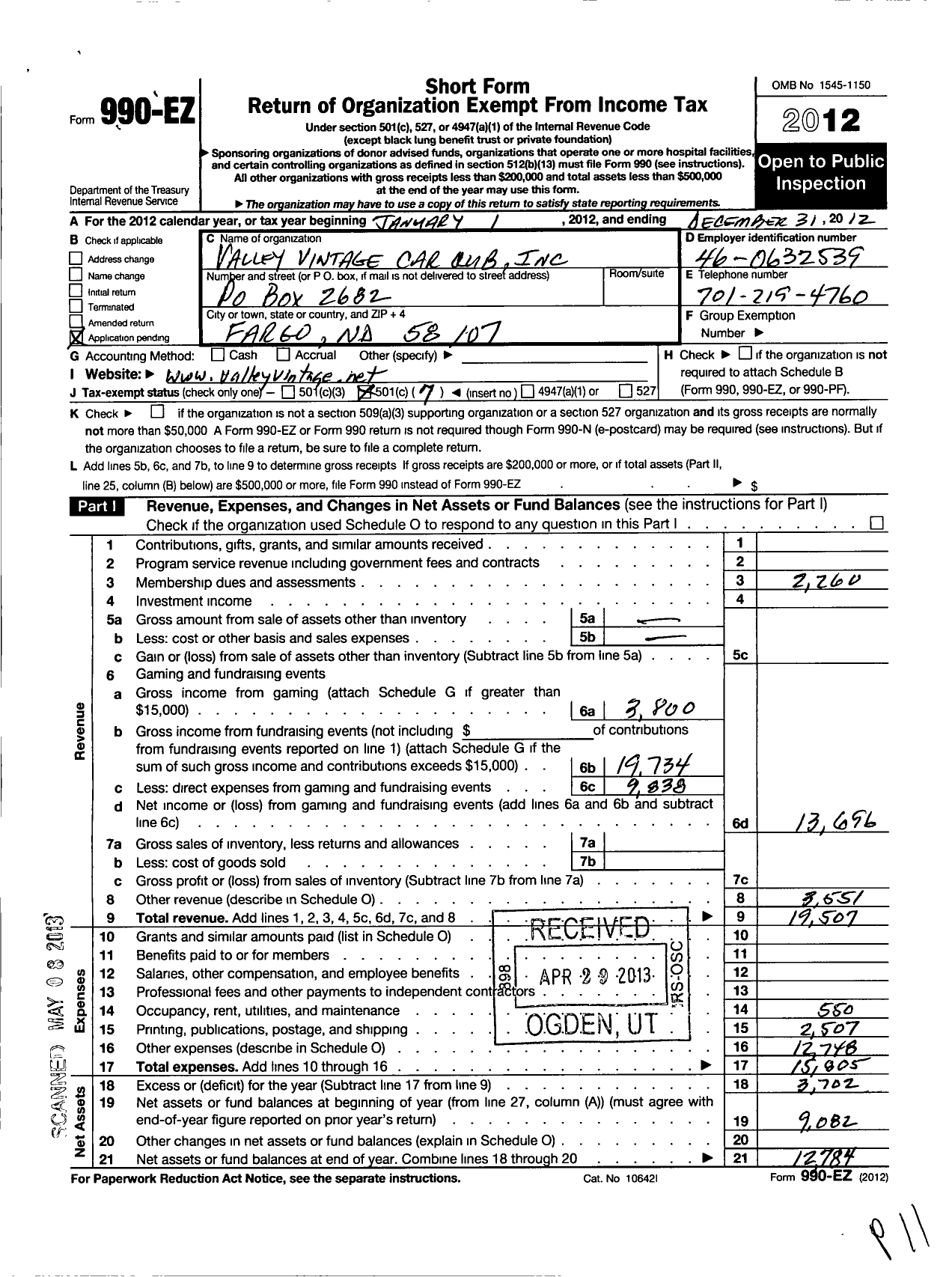 Image of first page of 2012 Form 990EO for Valley Vintage Car Club