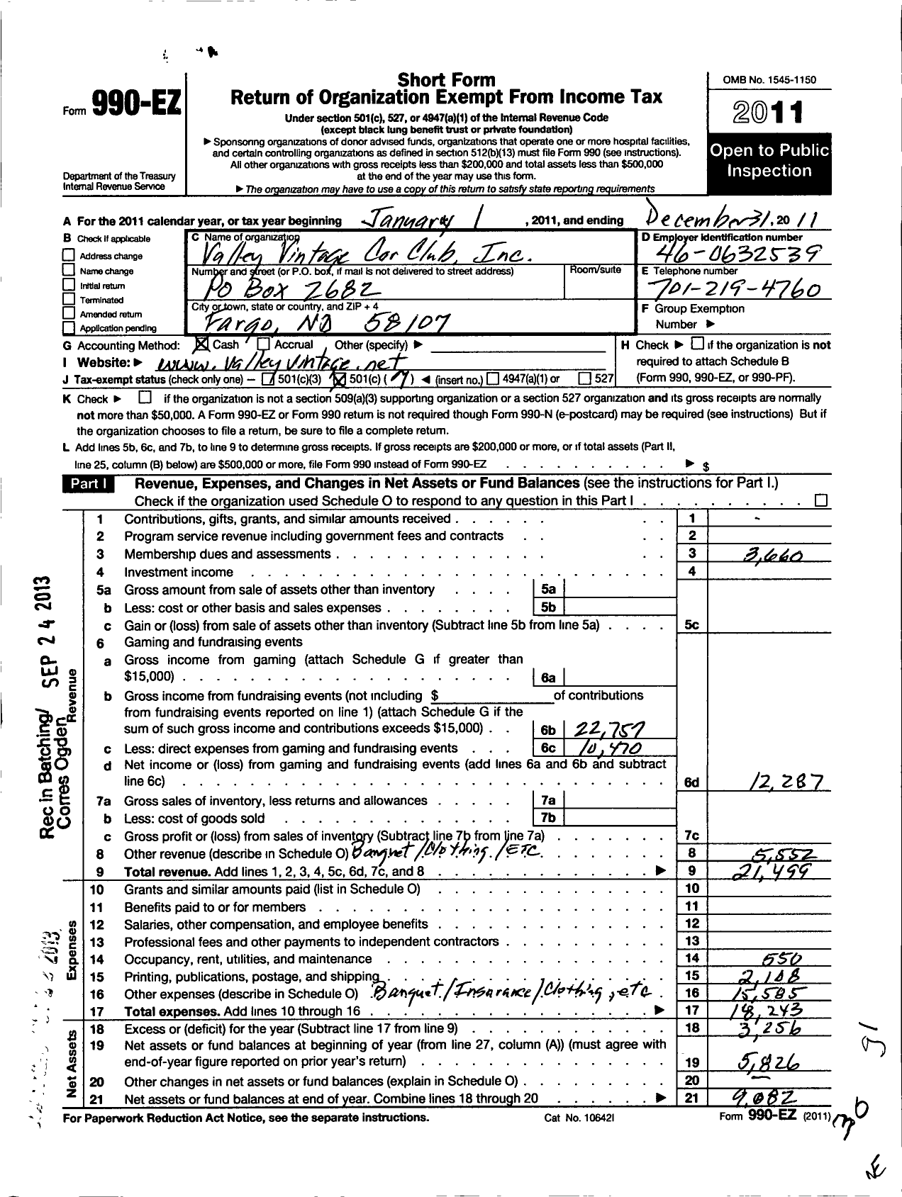 Image of first page of 2011 Form 990EO for Valley Vintage Car Club