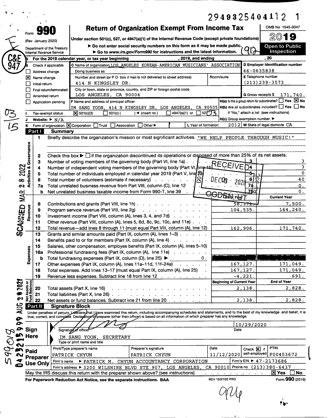 Image of first page of 2019 Form 990 for Los Angeles Korean-American Musicians' Association