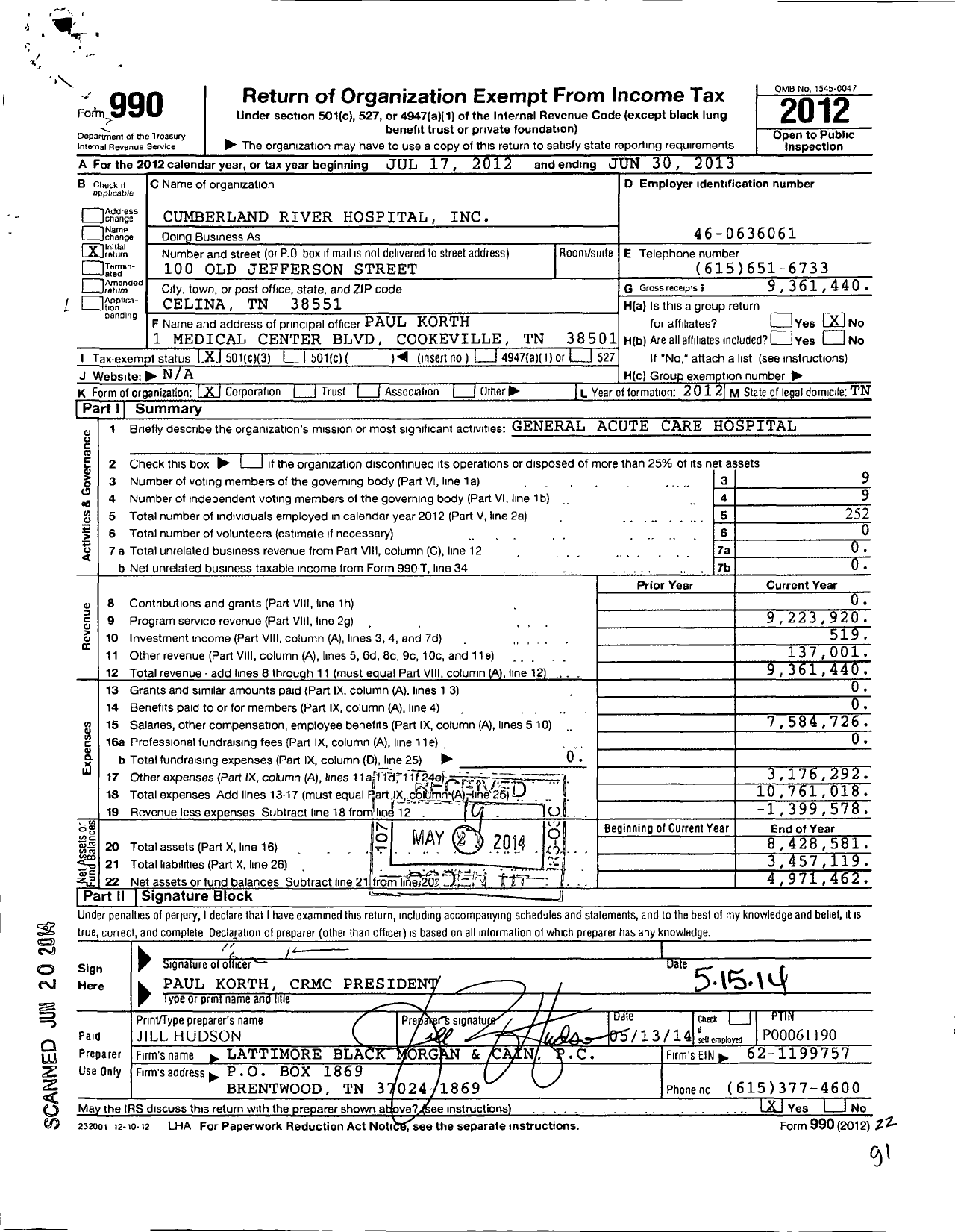 Image of first page of 2012 Form 990 for Cumberland River Hospital