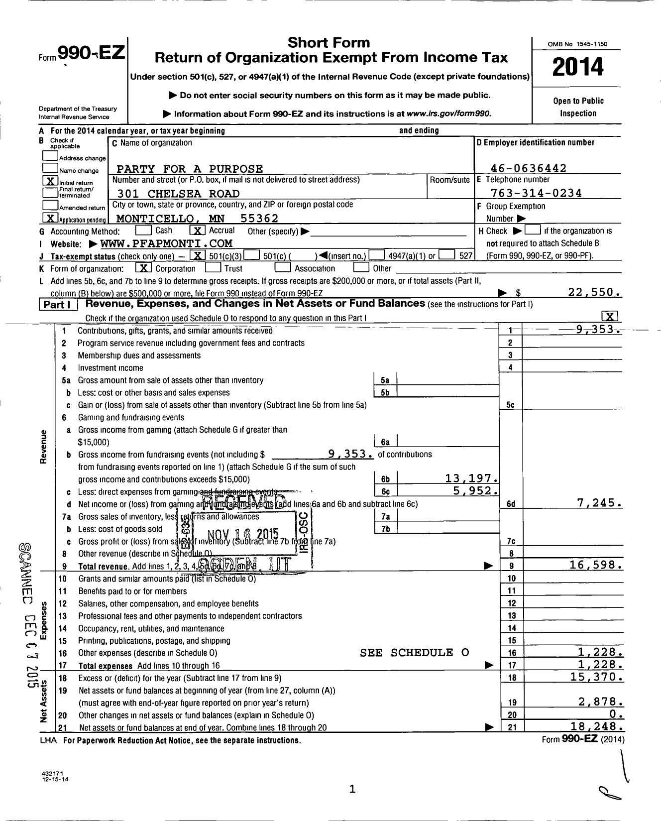 Image of first page of 2014 Form 990EZ for Party for A Purpose