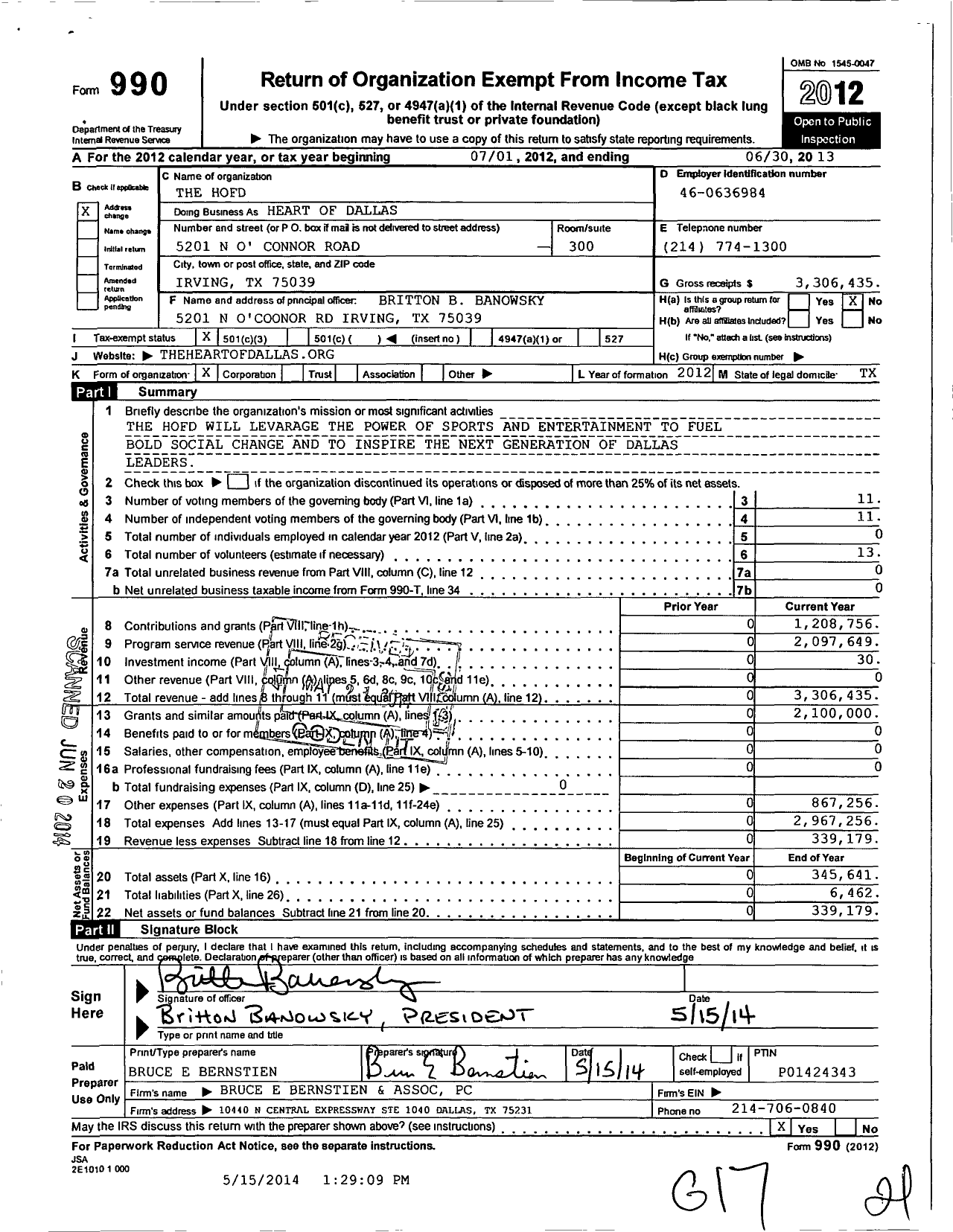 Image of first page of 2012 Form 990 for The Hofd