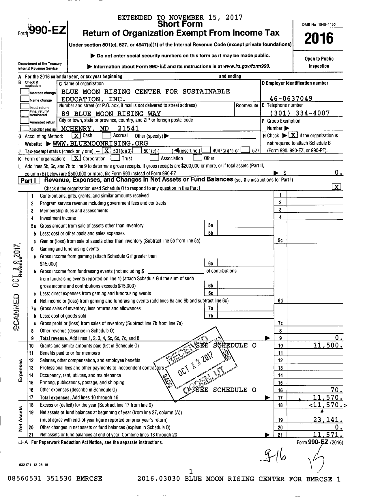 Image of first page of 2016 Form 990EZ for Blue Moon Rising Center for Sustainable Education