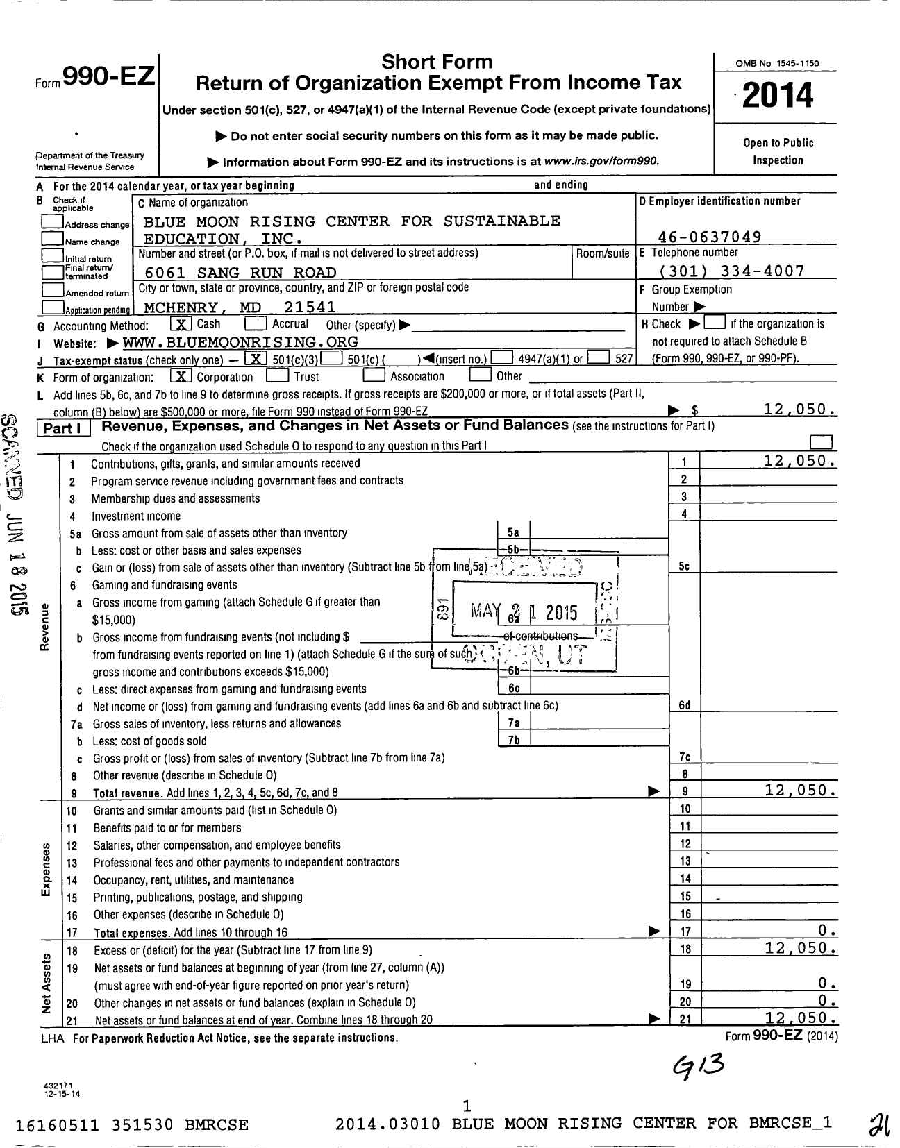 Image of first page of 2014 Form 990EZ for Blue Moon Rising Center for Sustainable Education