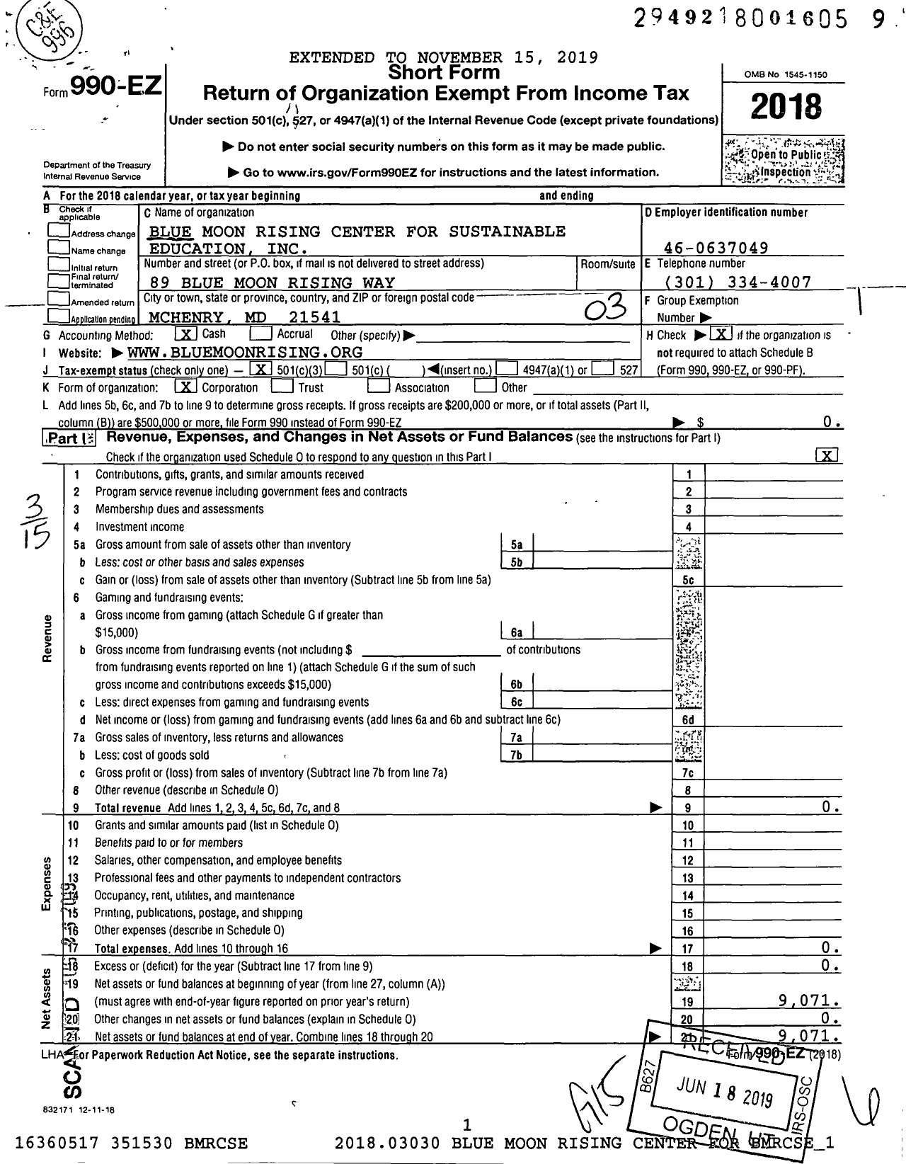 Image of first page of 2018 Form 990EZ for Blue Moon Rising Center for Sustainable Education