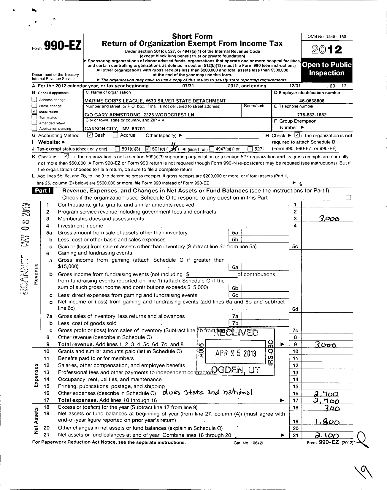 Image of first page of 2012 Form 990EO for Marine Corps League - 630 Silver State Detachment MCL