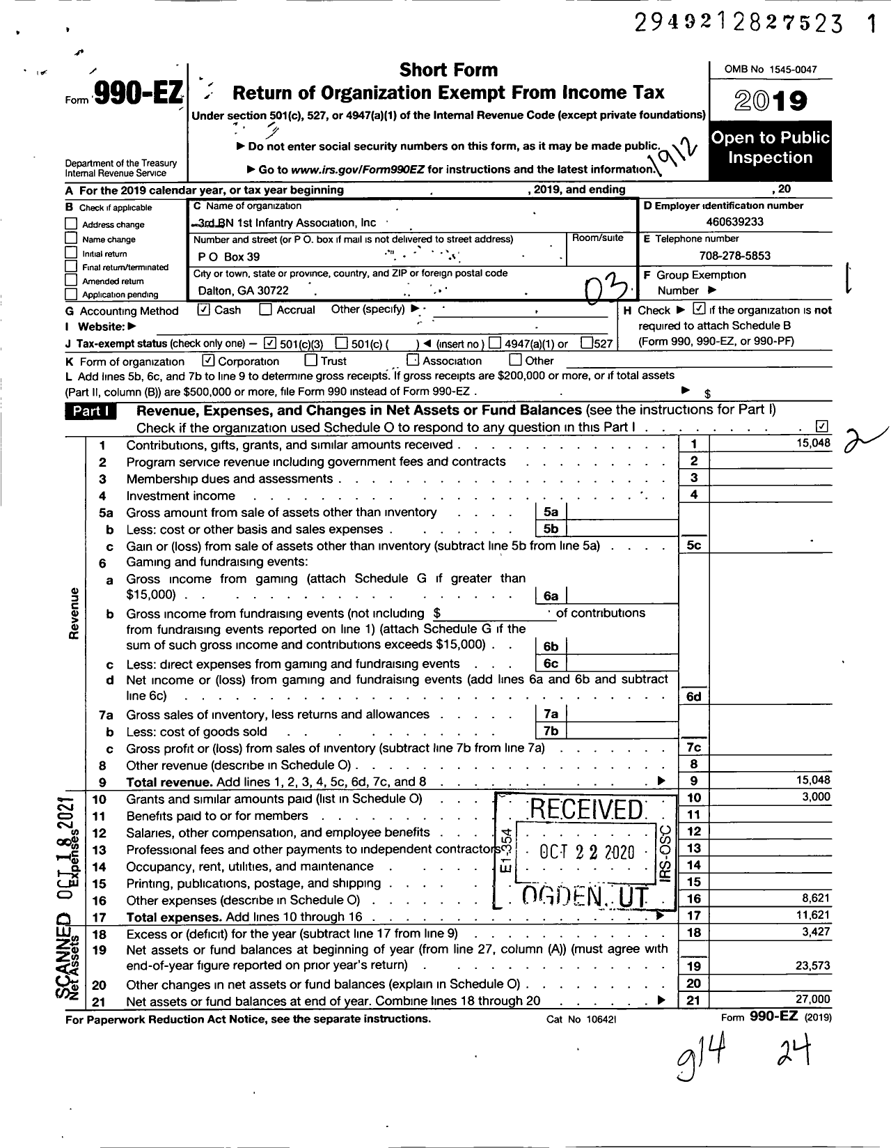 Image of first page of 2019 Form 990EZ for 3rd BN 1st Infantry Association