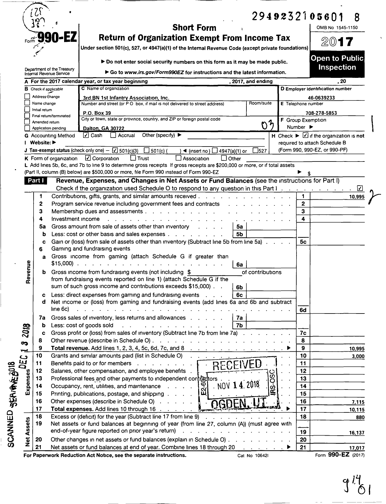 Image of first page of 2017 Form 990EZ for 3rd BN 1st Infantry Association