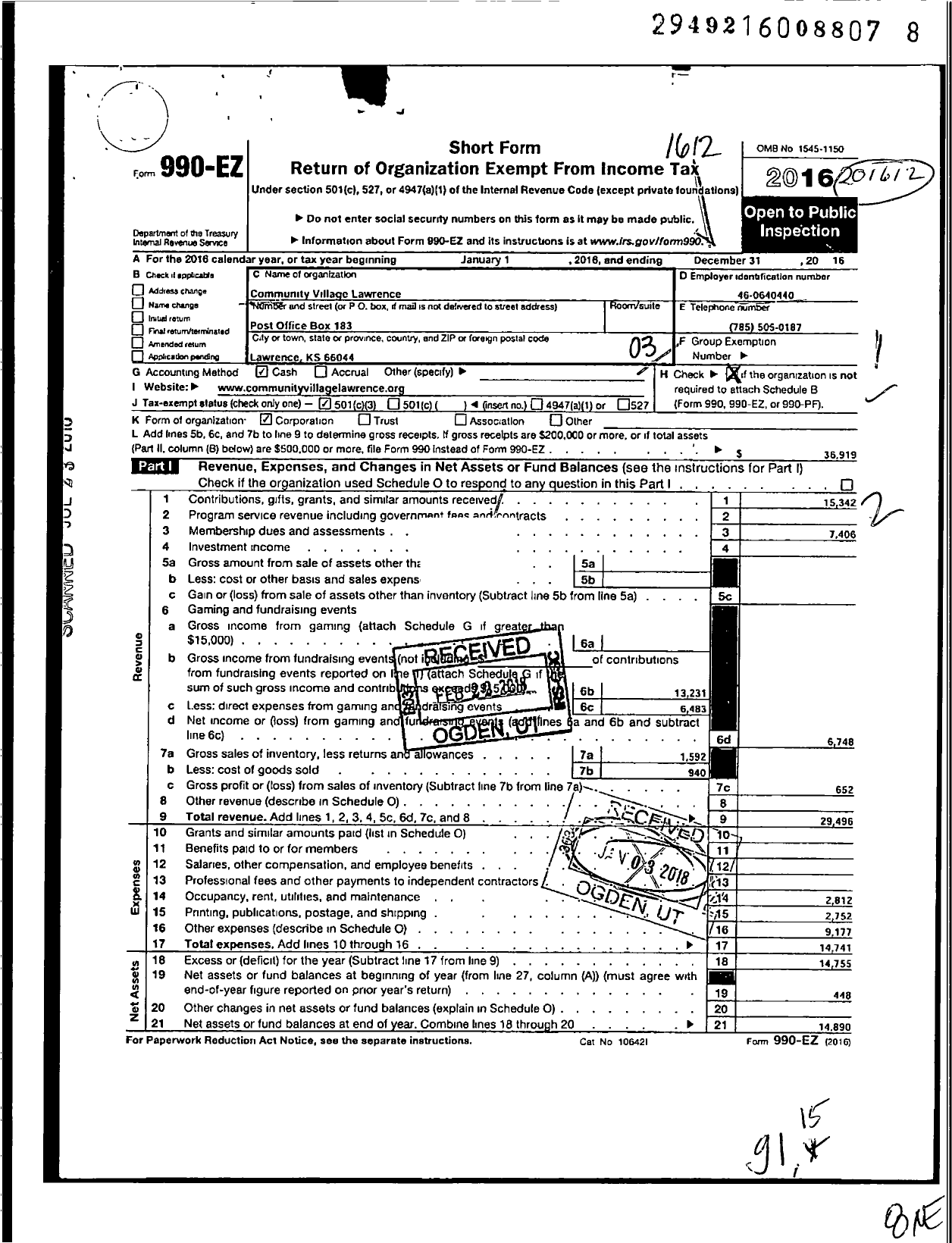 Image of first page of 2016 Form 990EZ for Community Village Lawrence