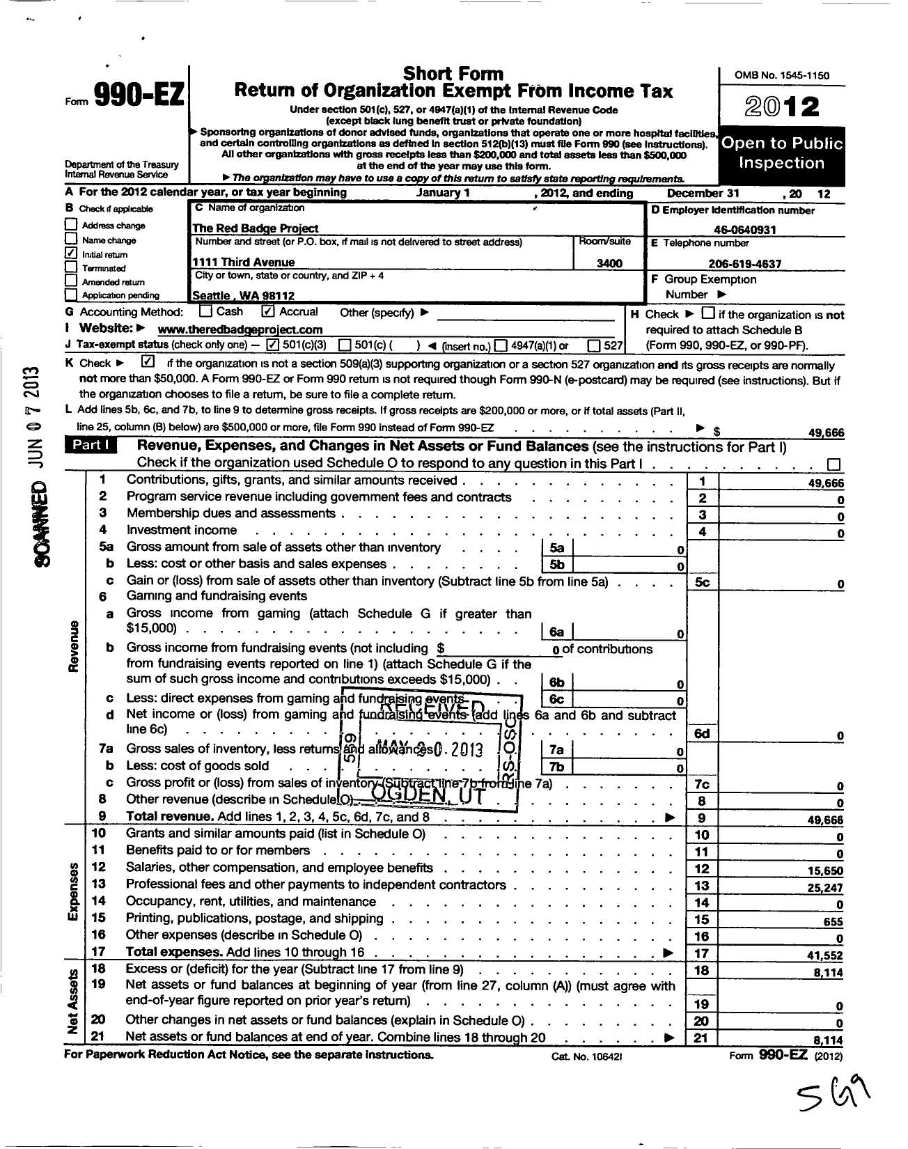 Image of first page of 2012 Form 990EZ for Red Badge Project