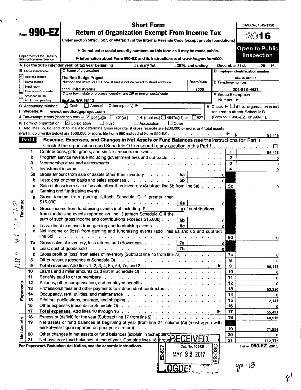 Image of first page of 2016 Form 990EZ for Red Badge Project