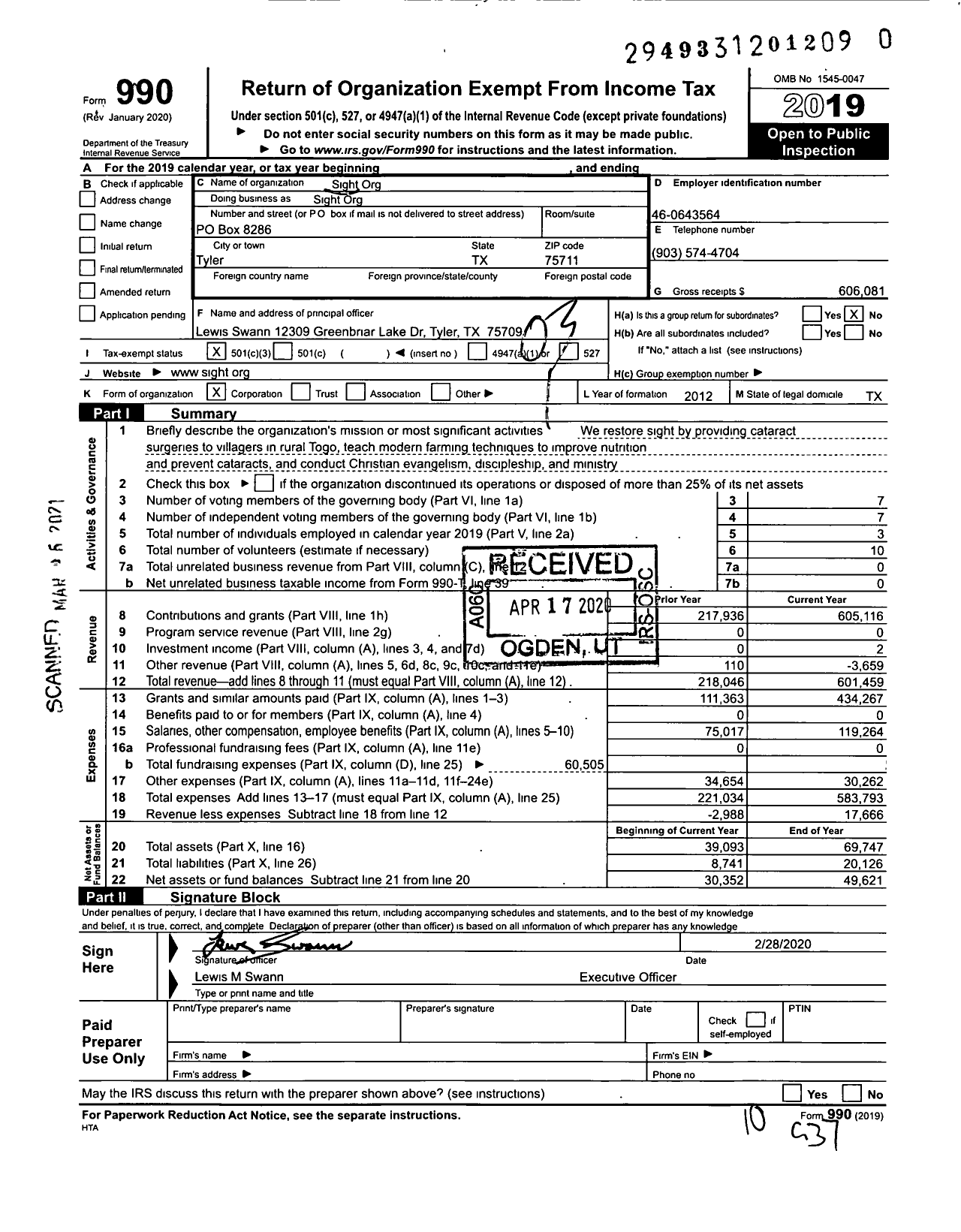 Image of first page of 2019 Form 990 for Sight Org