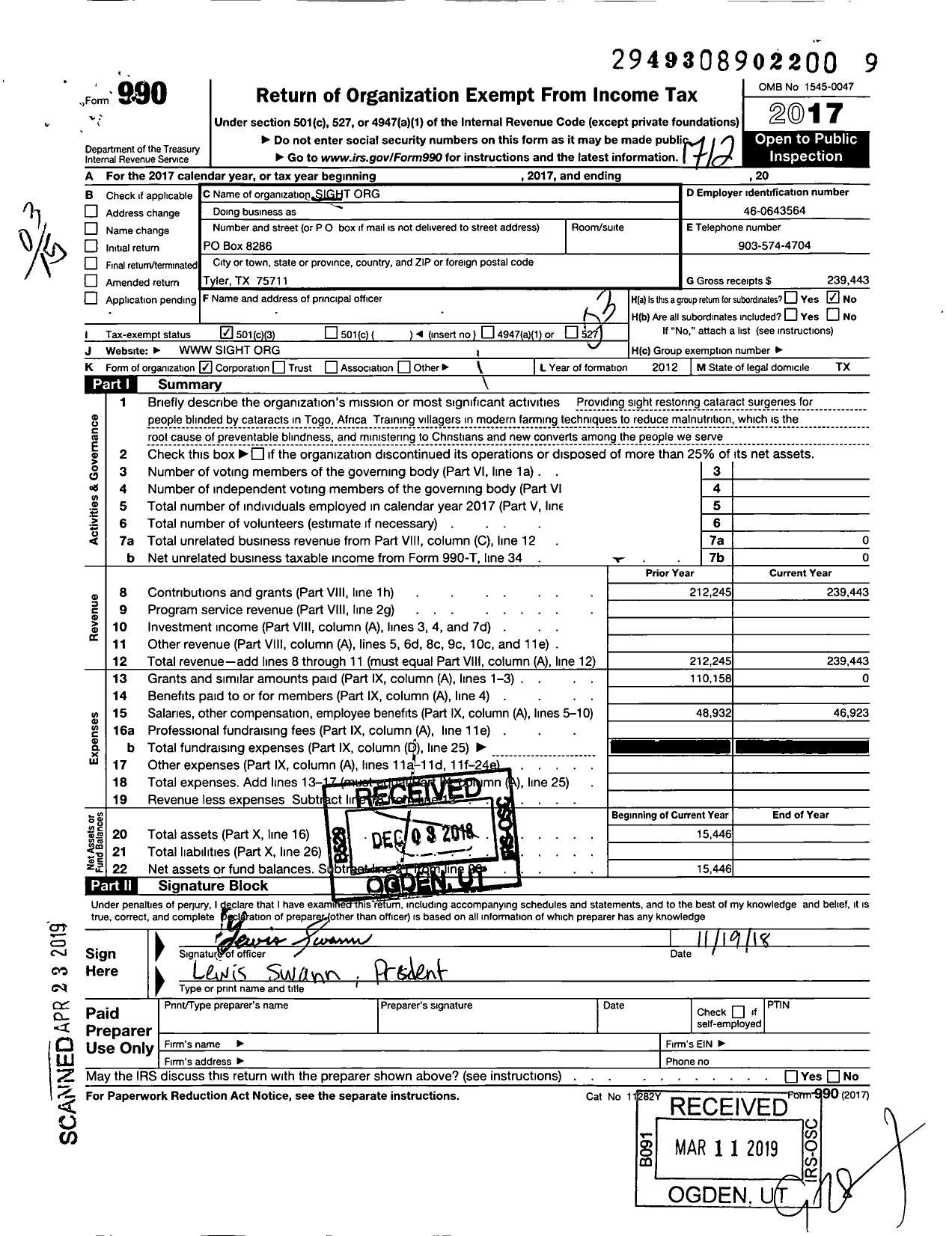 Image of first page of 2017 Form 990 for Sight Org