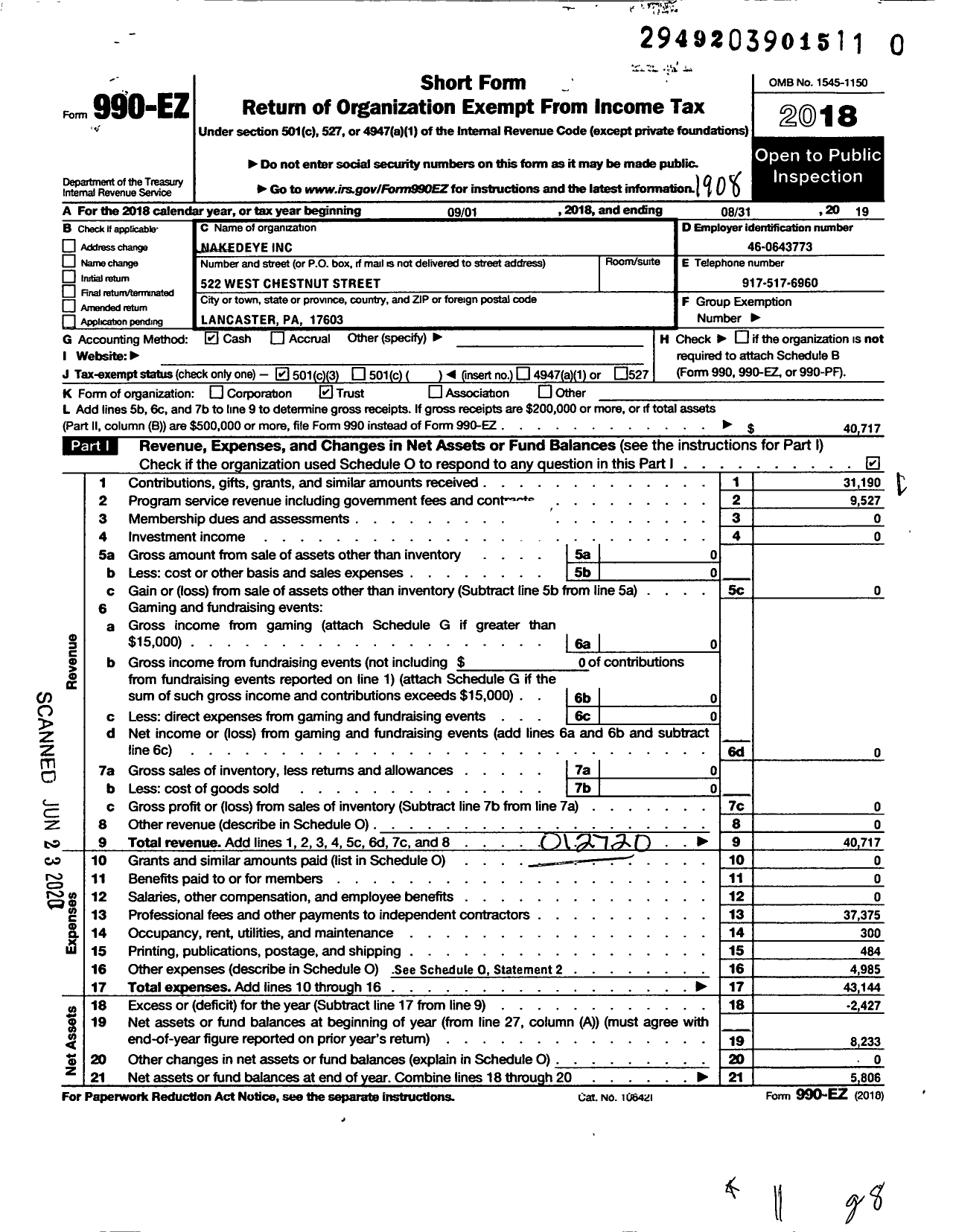 Image of first page of 2018 Form 990EZ for NakedEye Inc Ju Ping Song