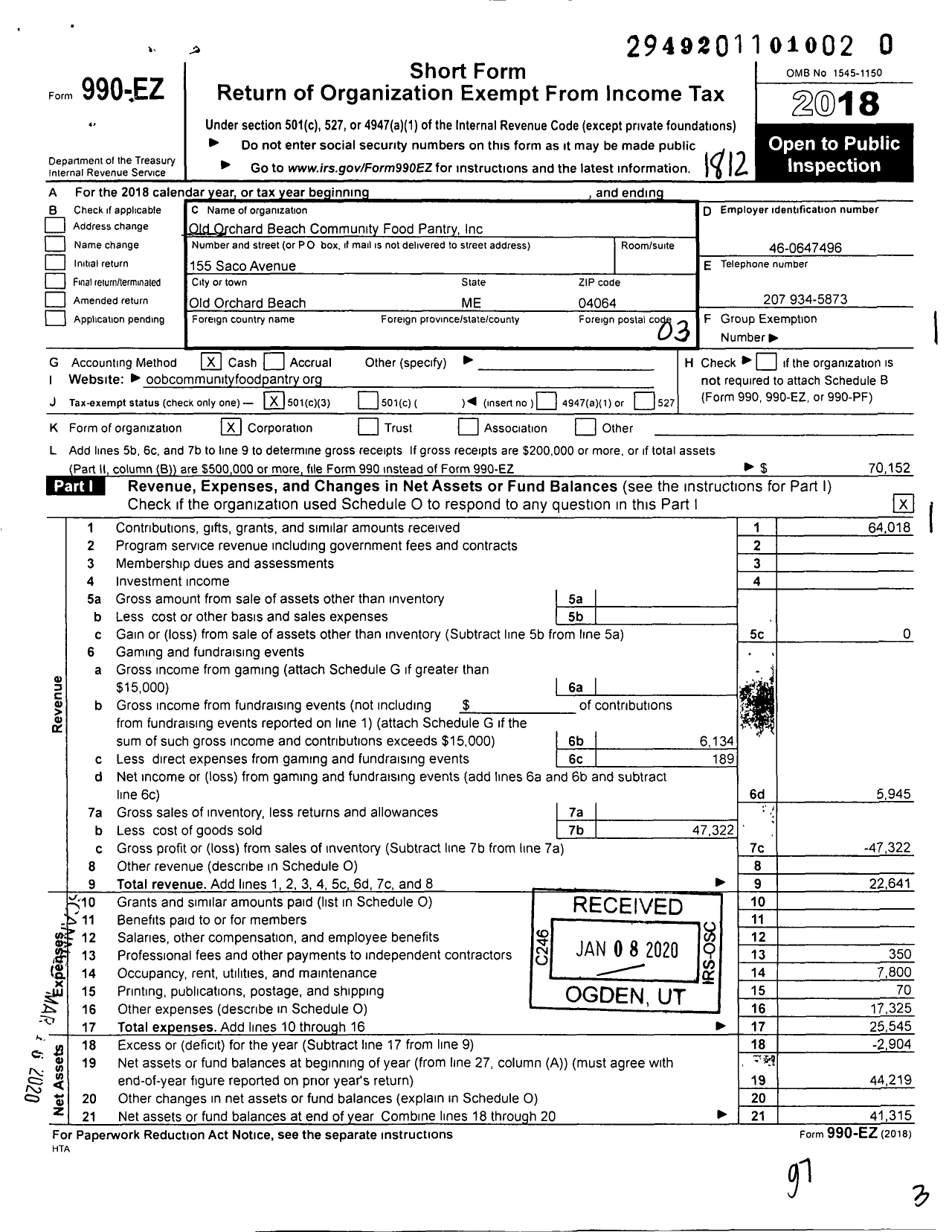 Image of first page of 2018 Form 990EZ for Old Orchard Beach Community Food Pantry