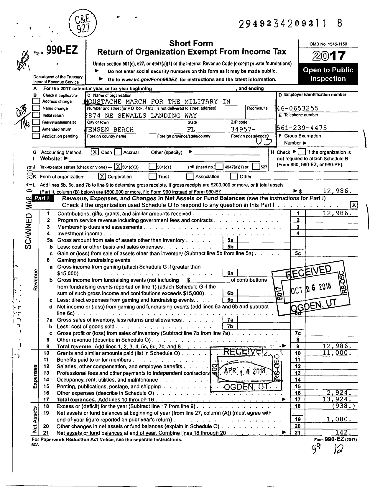 Image of first page of 2017 Form 990EZ for Moustache March for the Military in