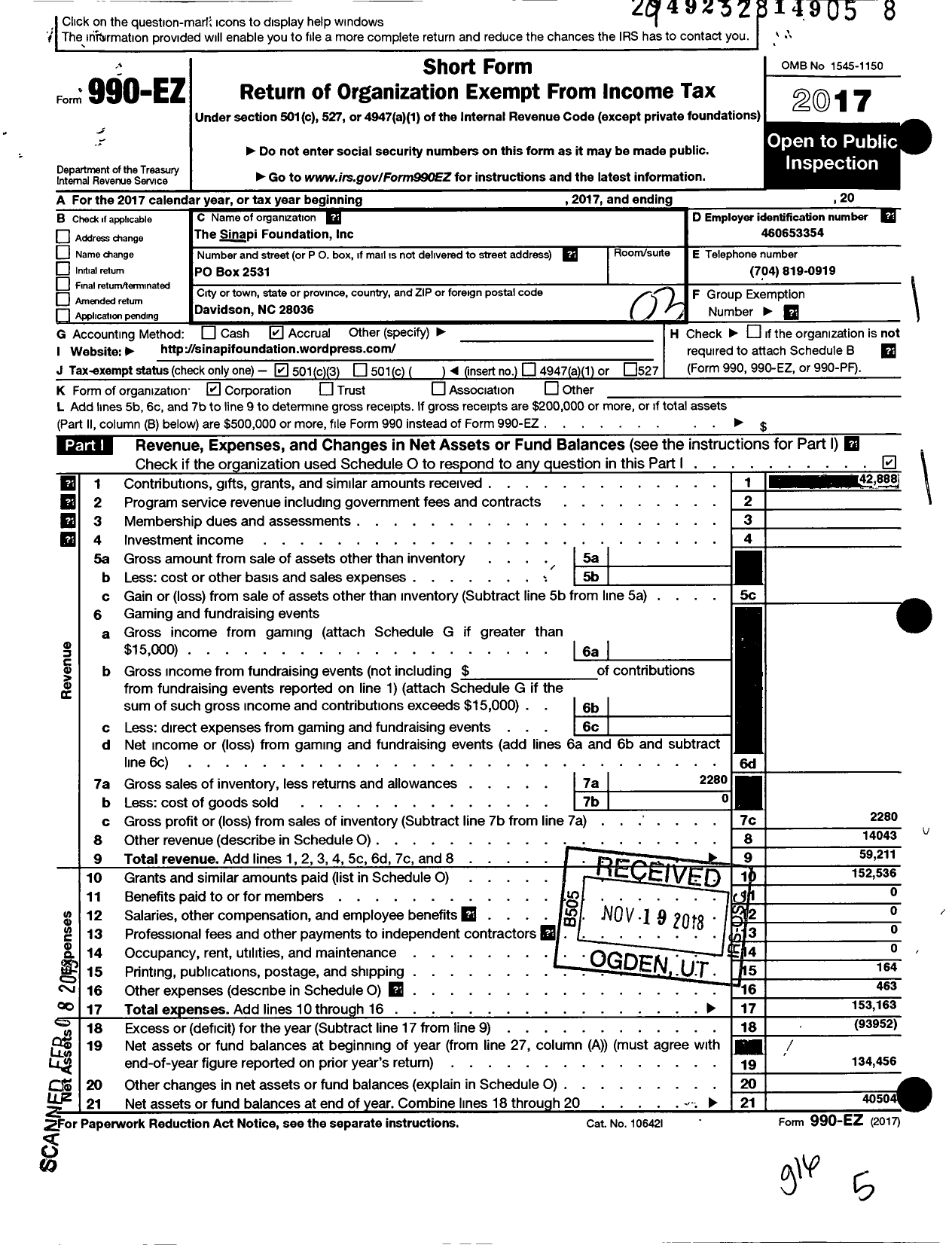 Image of first page of 2017 Form 990EZ for Sinapi Foundation