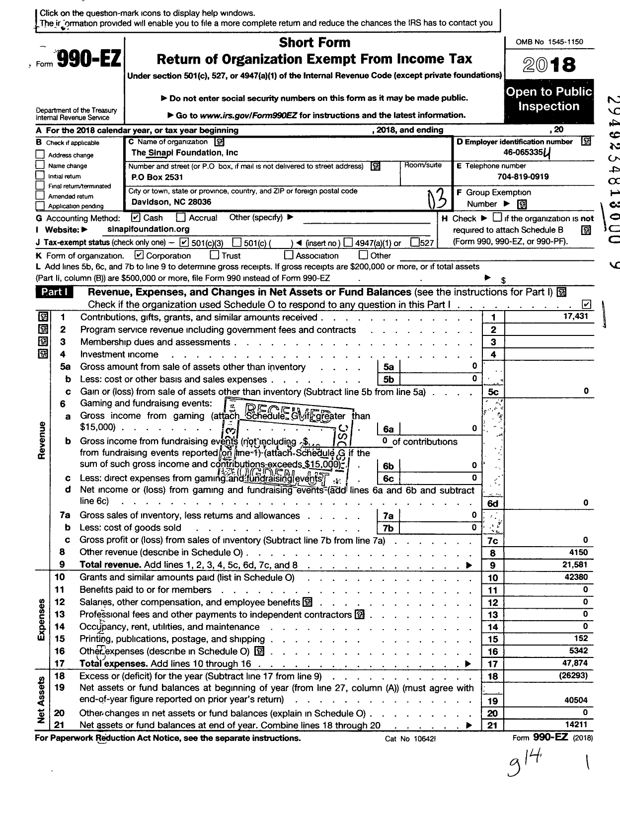 Image of first page of 2018 Form 990EZ for Sinapi Foundation