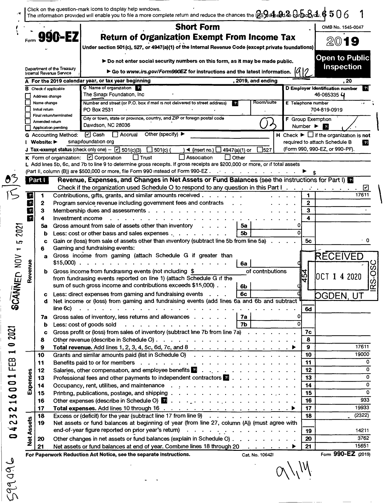 Image of first page of 2019 Form 990EZ for Sinapi Foundation