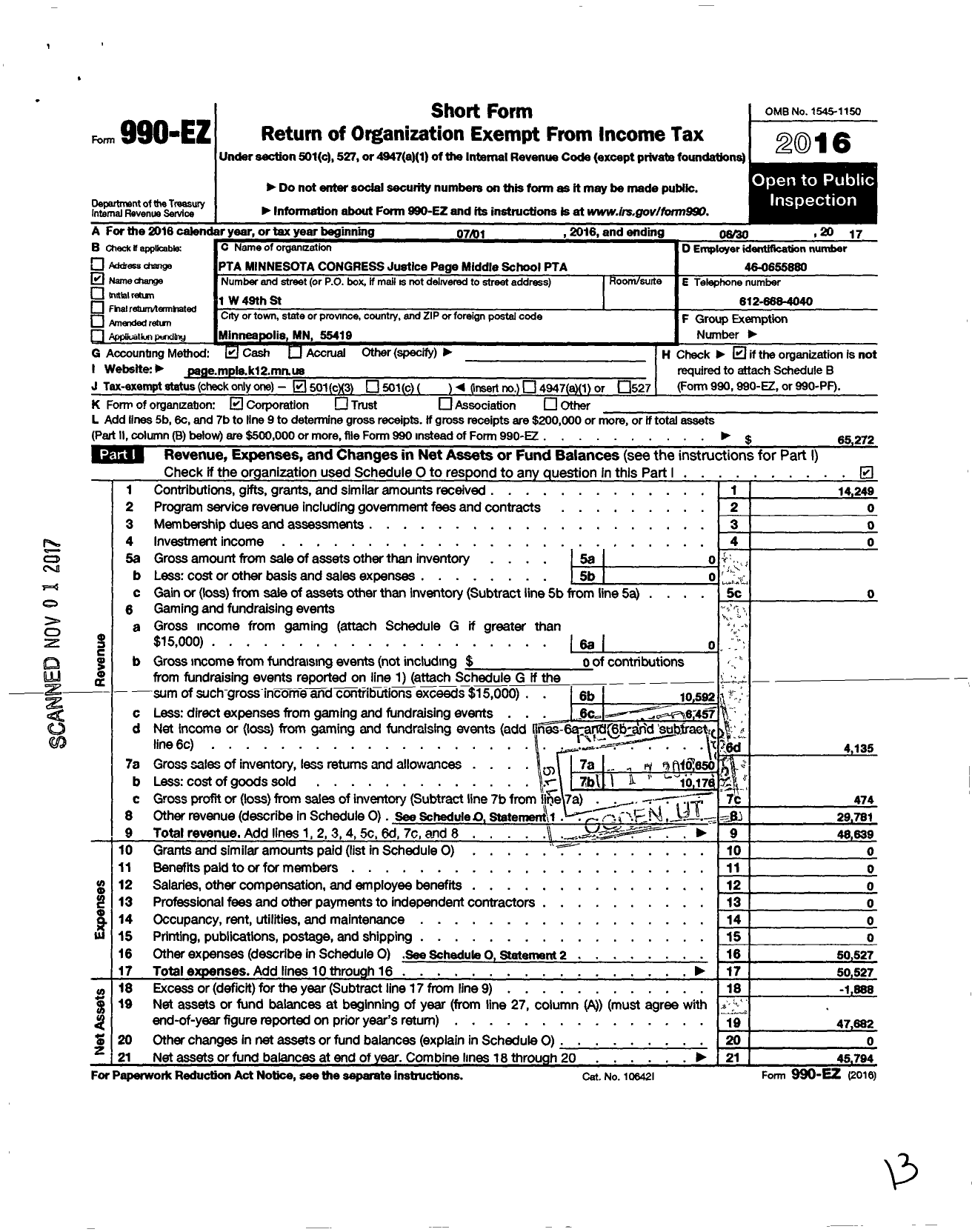 Image of first page of 2016 Form 990EZ for MINNESOTA CONGRESS of Parents and Teachers / Justice Page Middle School PTA