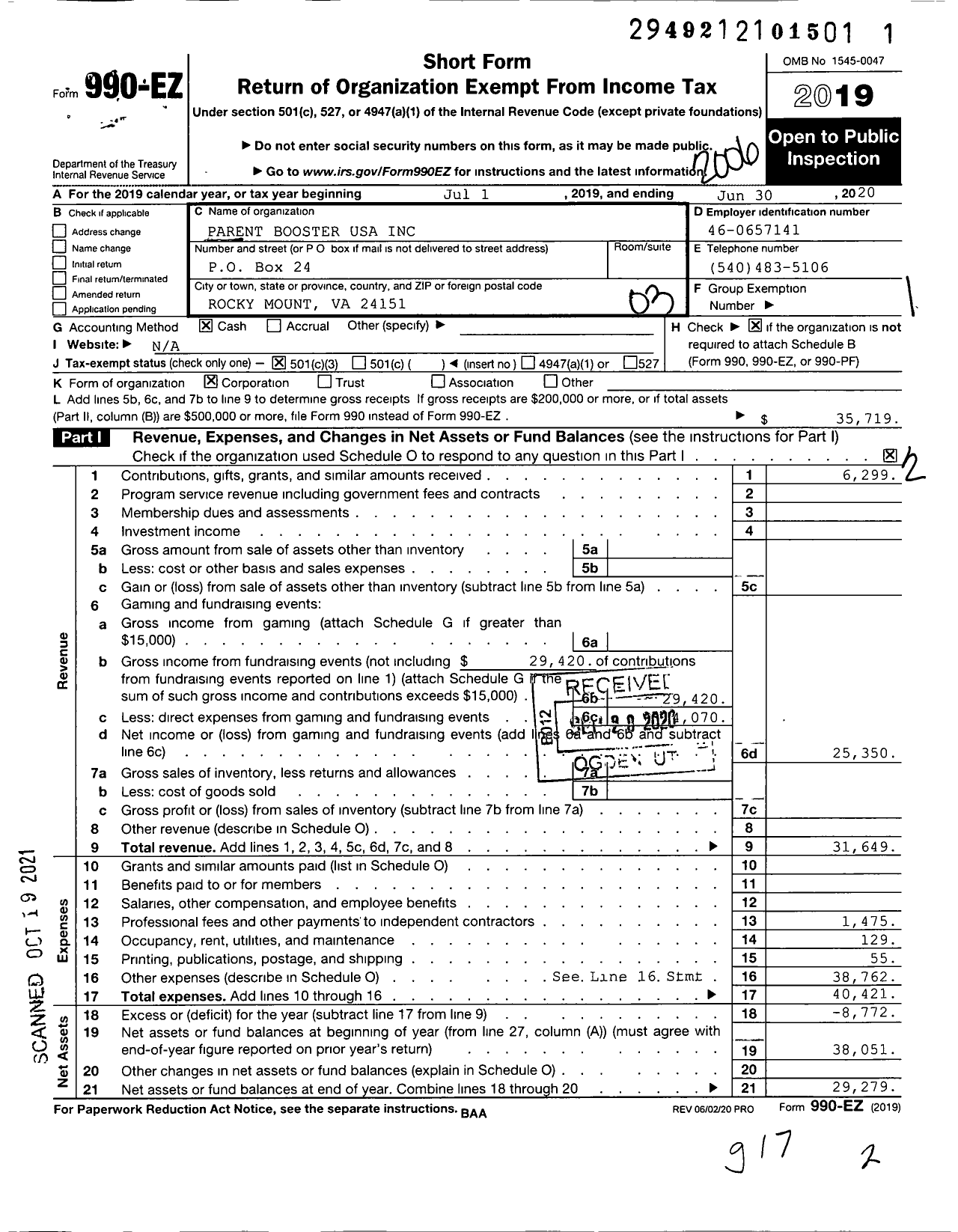 Image of first page of 2019 Form 990EZ for Parent Booster USA / Franklin County Eagles Footbal Boos