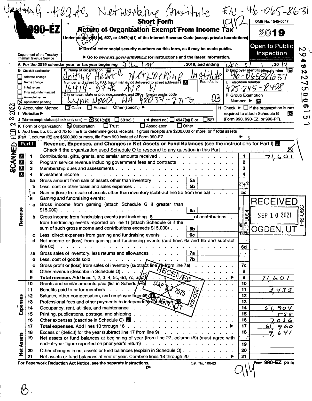 Image of first page of 2019 Form 990EZ for Uniting Hearts Networking Institute